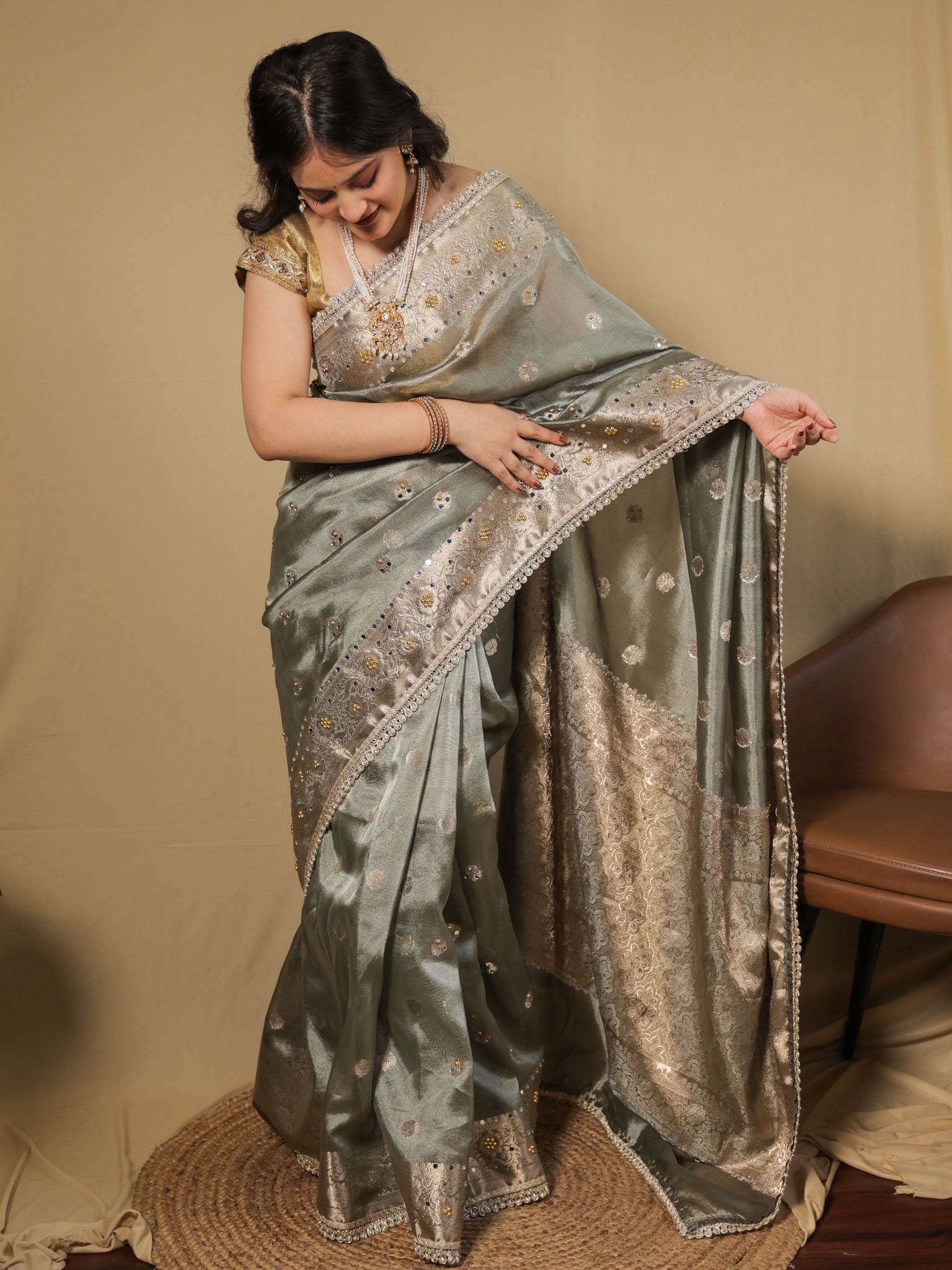 Banarasi Mirror Work Tissue Saree with Lace Border - Grey