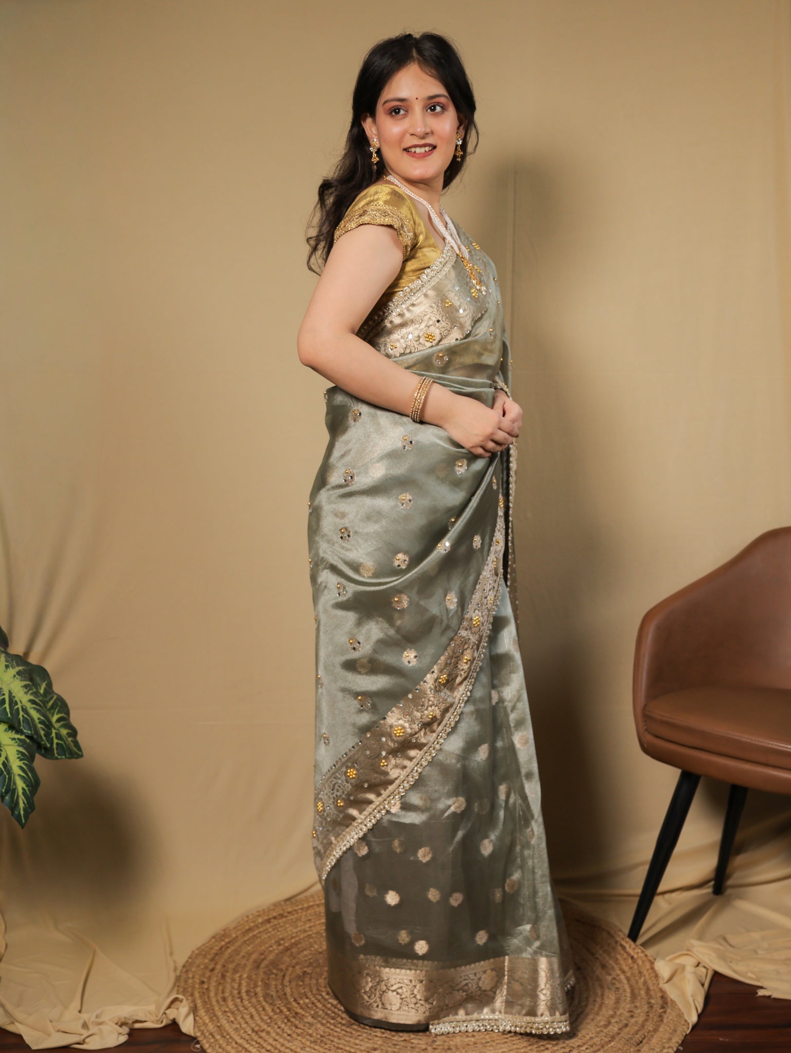 Banarasi Mirror Work Tissue Saree with Lace Border - Grey