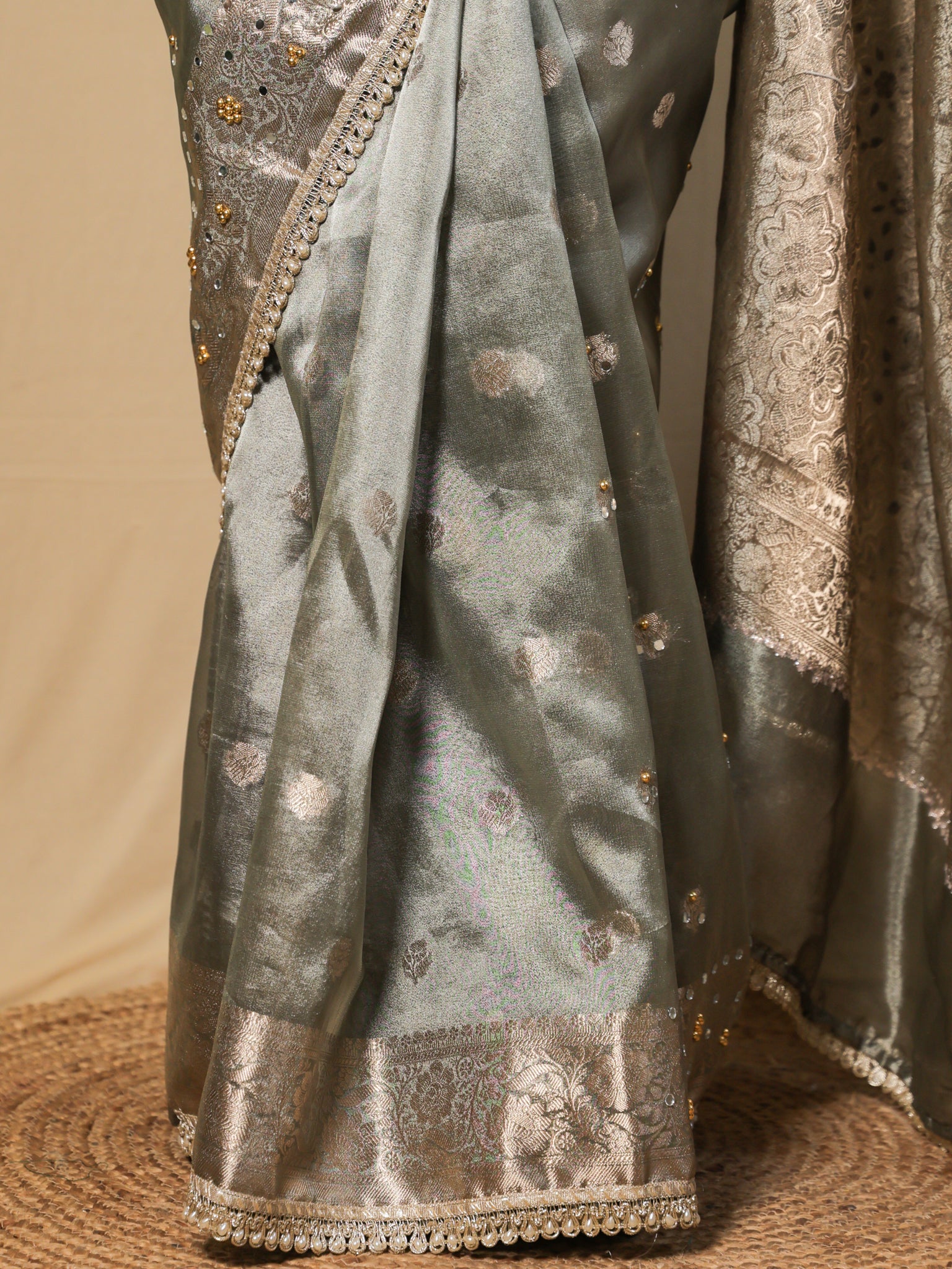 Banarasi Mirror Work Tissue Saree with Lace Border - Grey