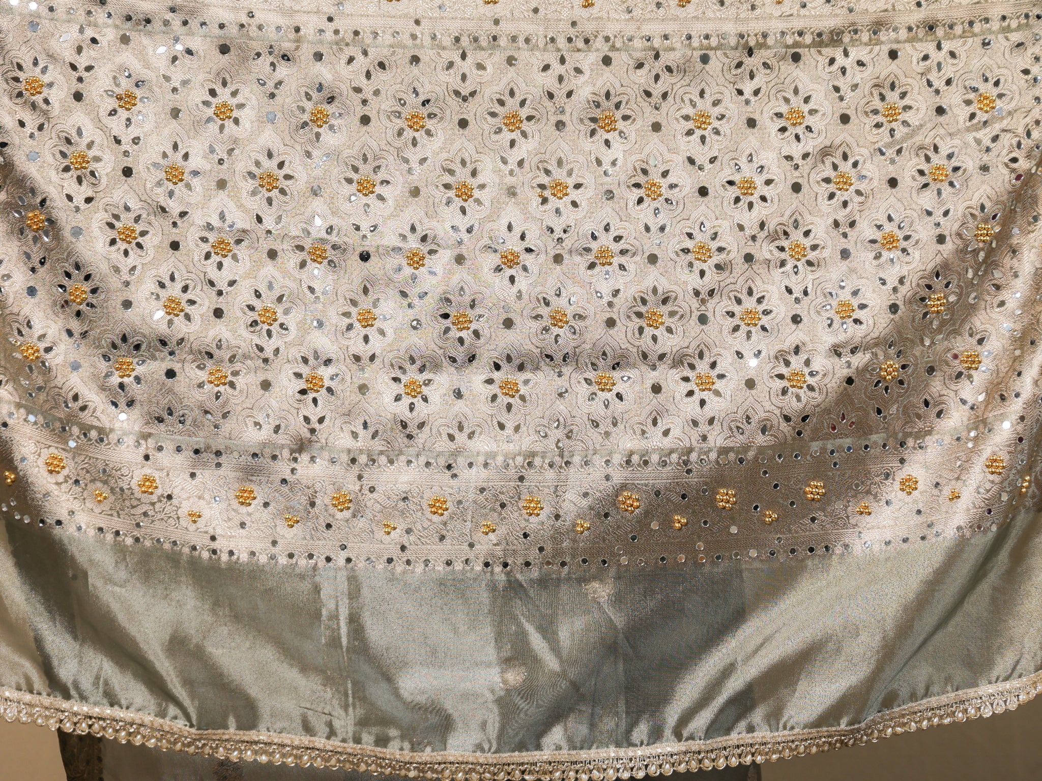 Banarasi Mirror Work Tissue Saree with Lace Border - Grey