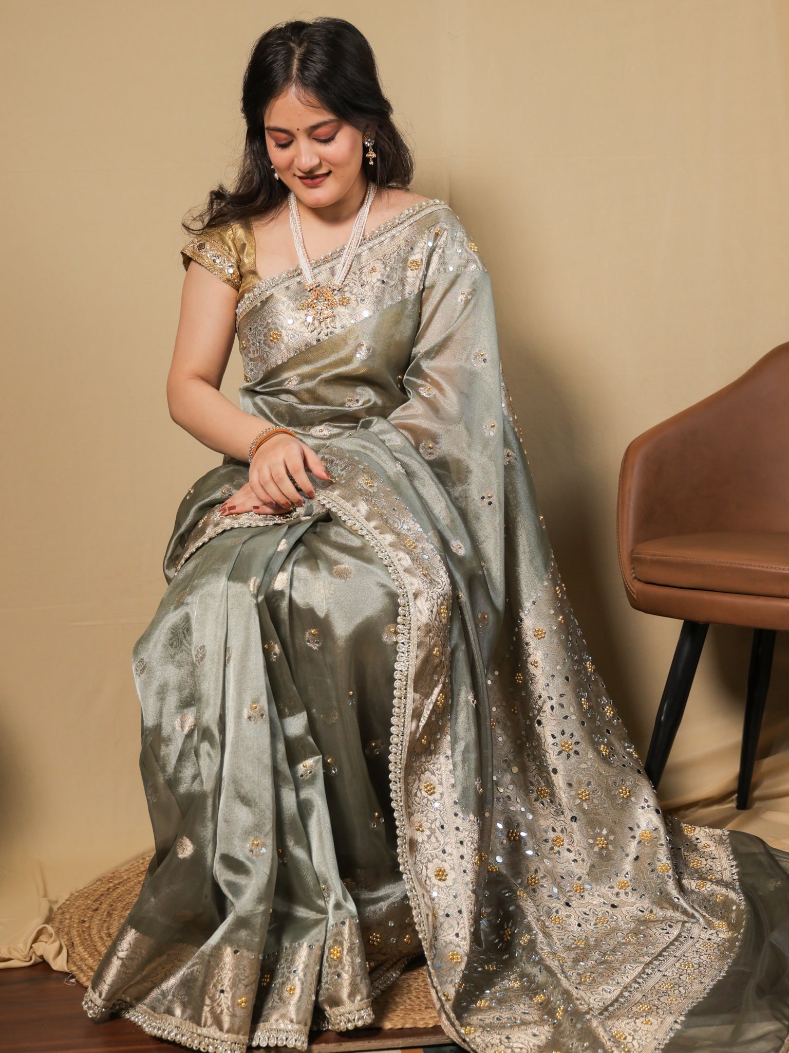 Banarasi Mirror Work Tissue Saree with Lace Border - Grey