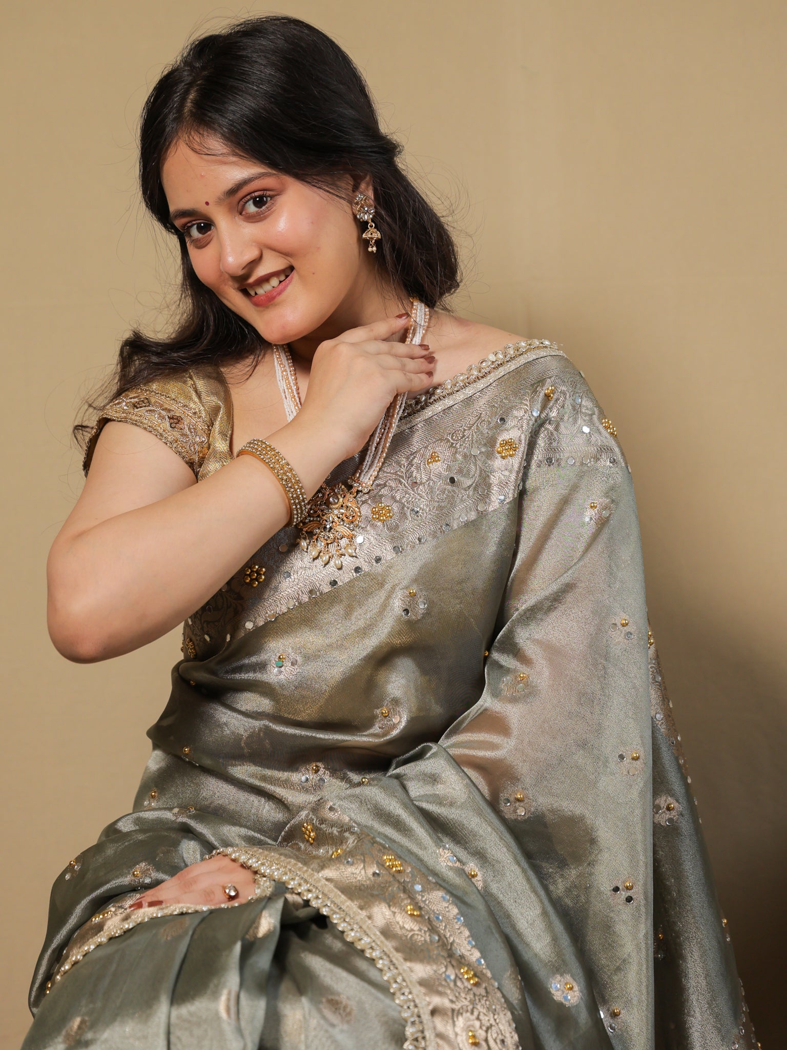 Banarasi Mirror Work Tissue Saree with Lace Border - Grey
