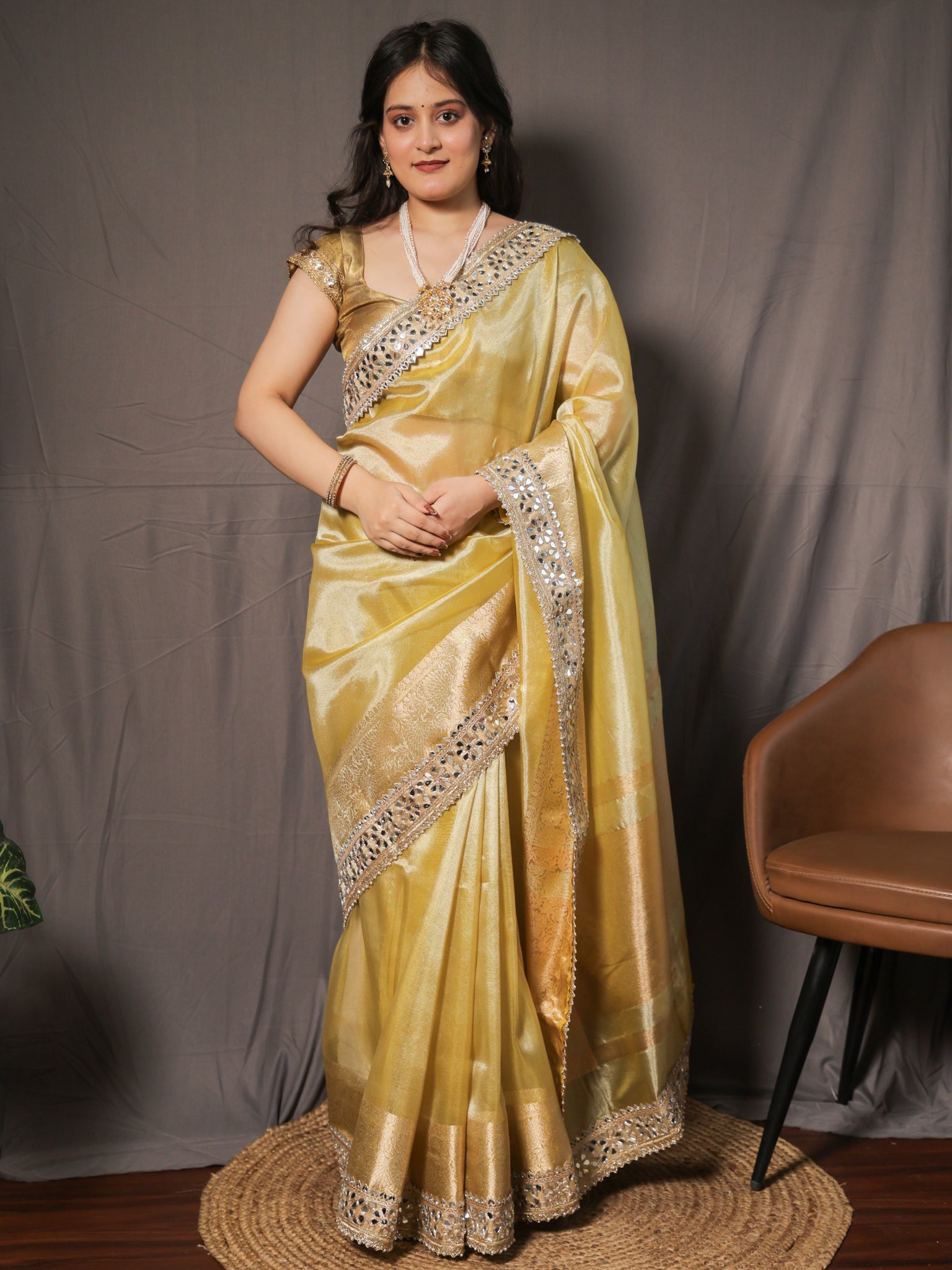 Banarasi Plain Tissue Saree with Mirror Lace Border - Yellow