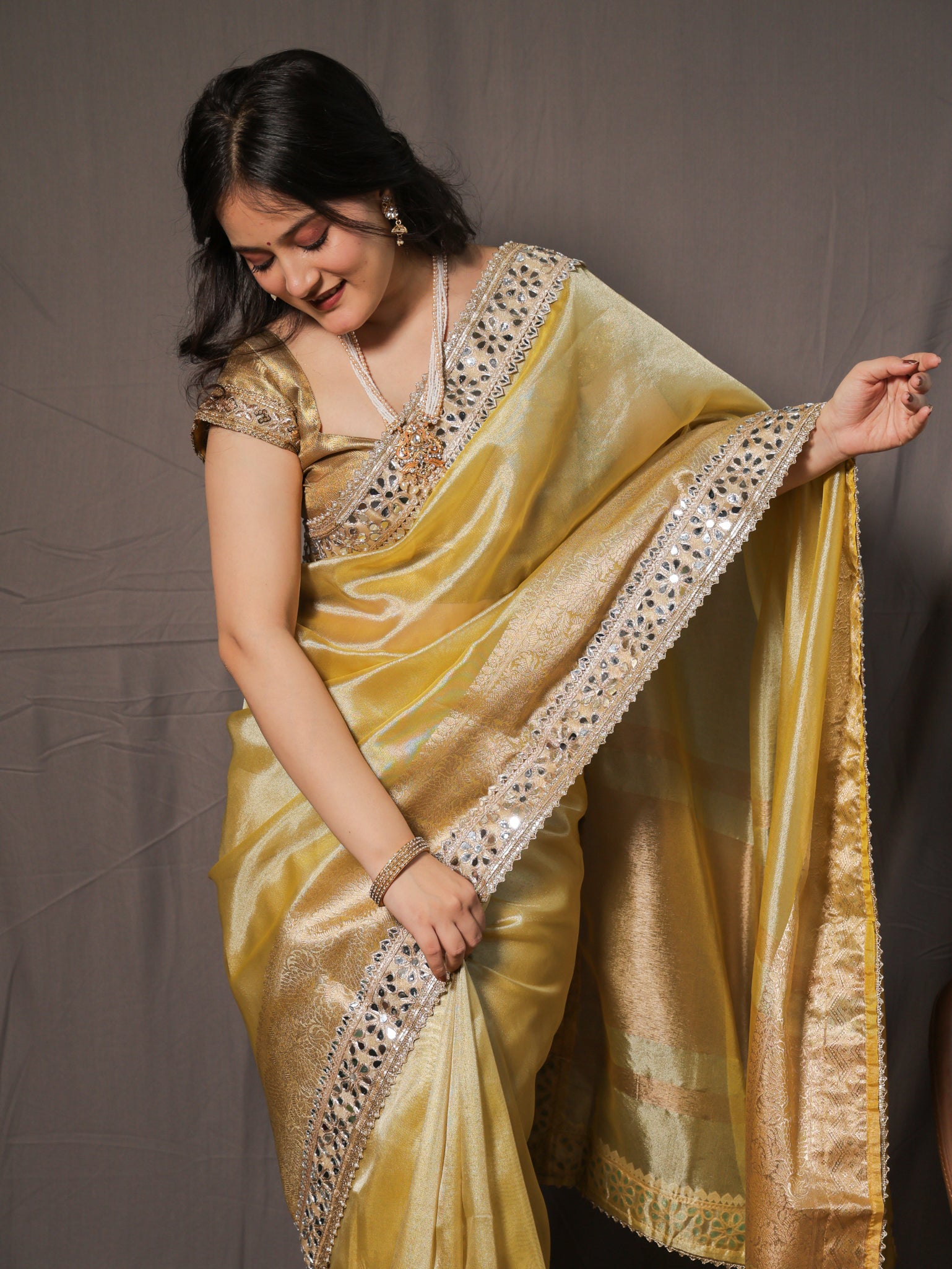 Banarasi Plain Tissue Saree with Mirror Lace Border - Yellow