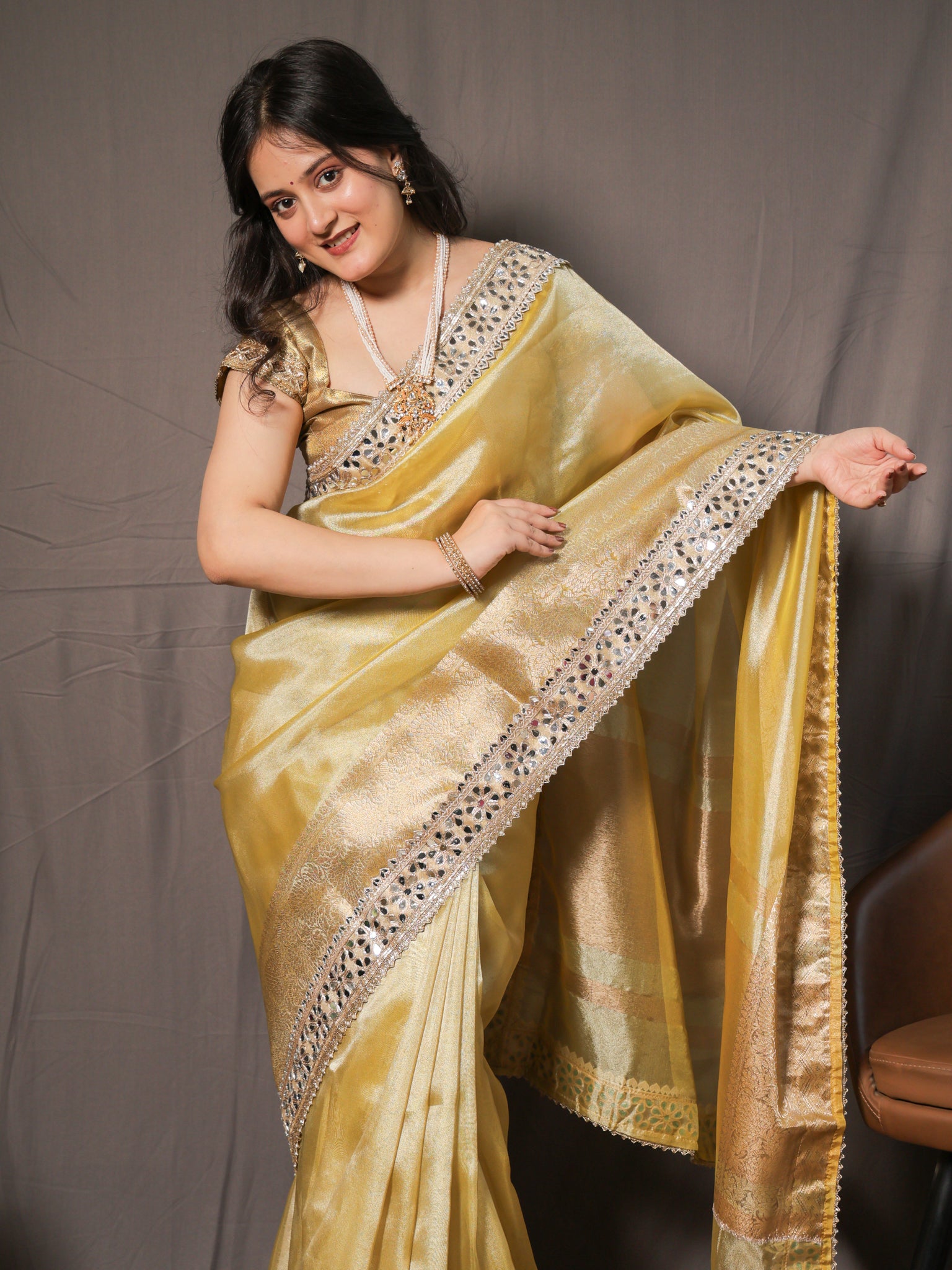 Banarasi Plain Tissue Saree with Mirror Lace Border - Yellow