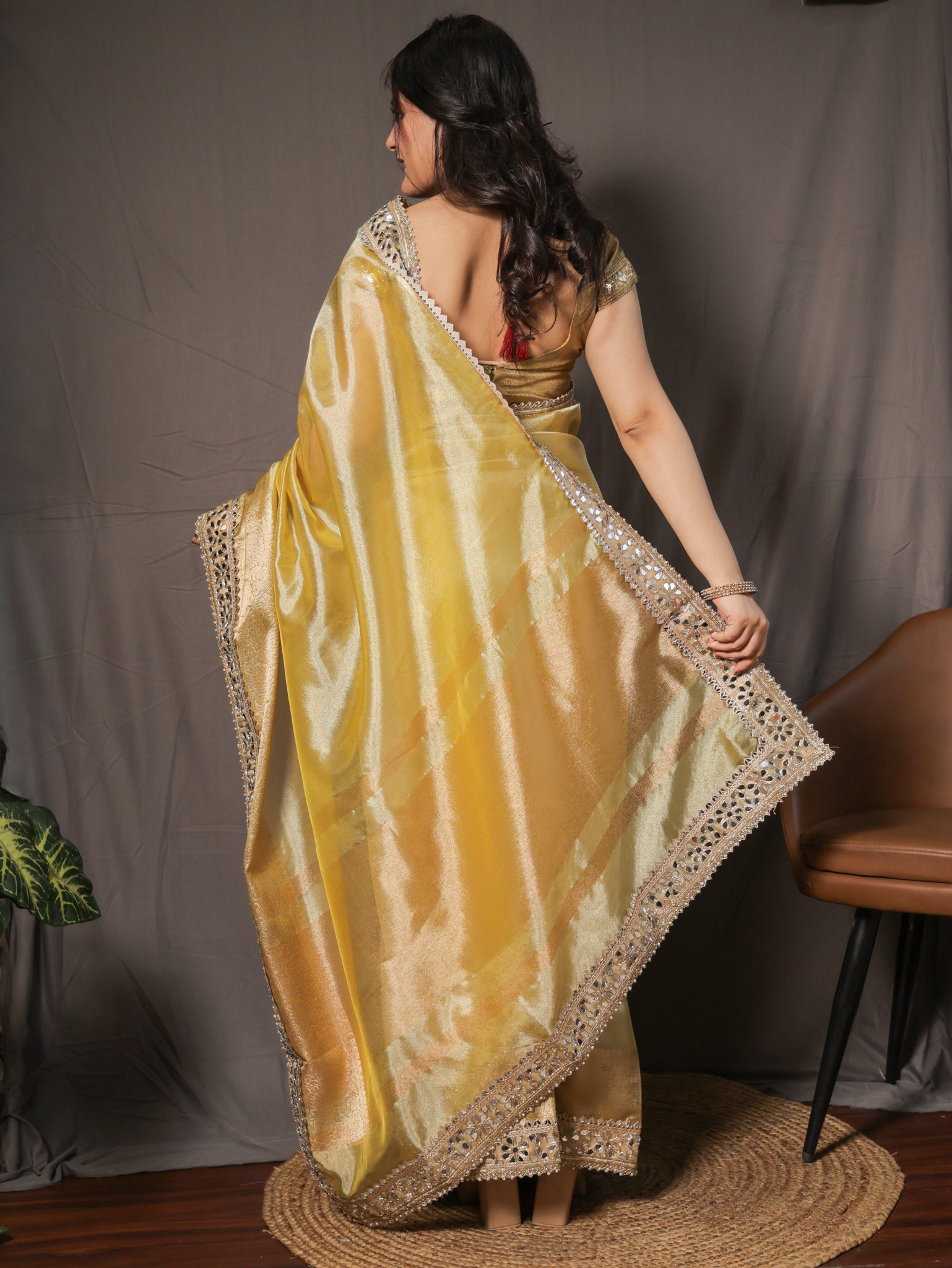 Banarasi Plain Tissue Saree with Mirror Lace Border - Yellow