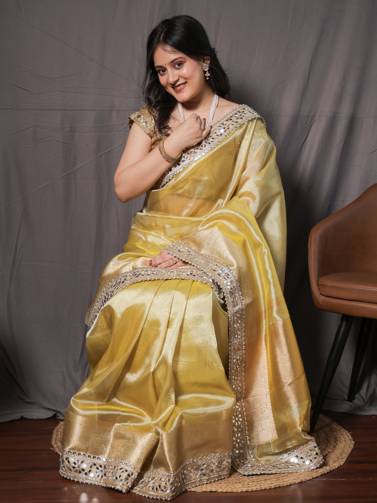 Banarasi Plain Tissue Saree with Mirror Lace Border - Yellow