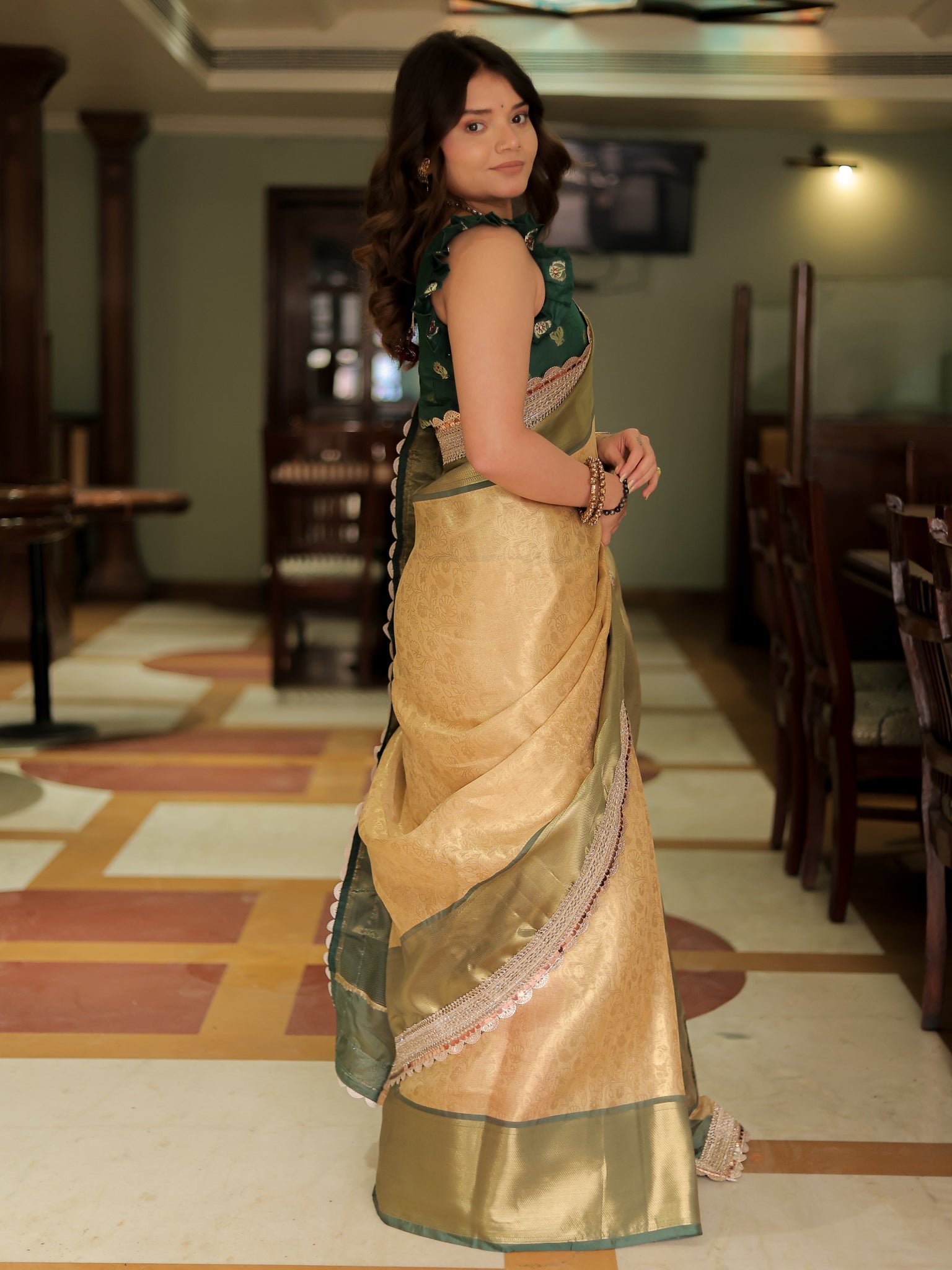 Banarasi Tissue Saree With Weaving & Lace Border-Gold