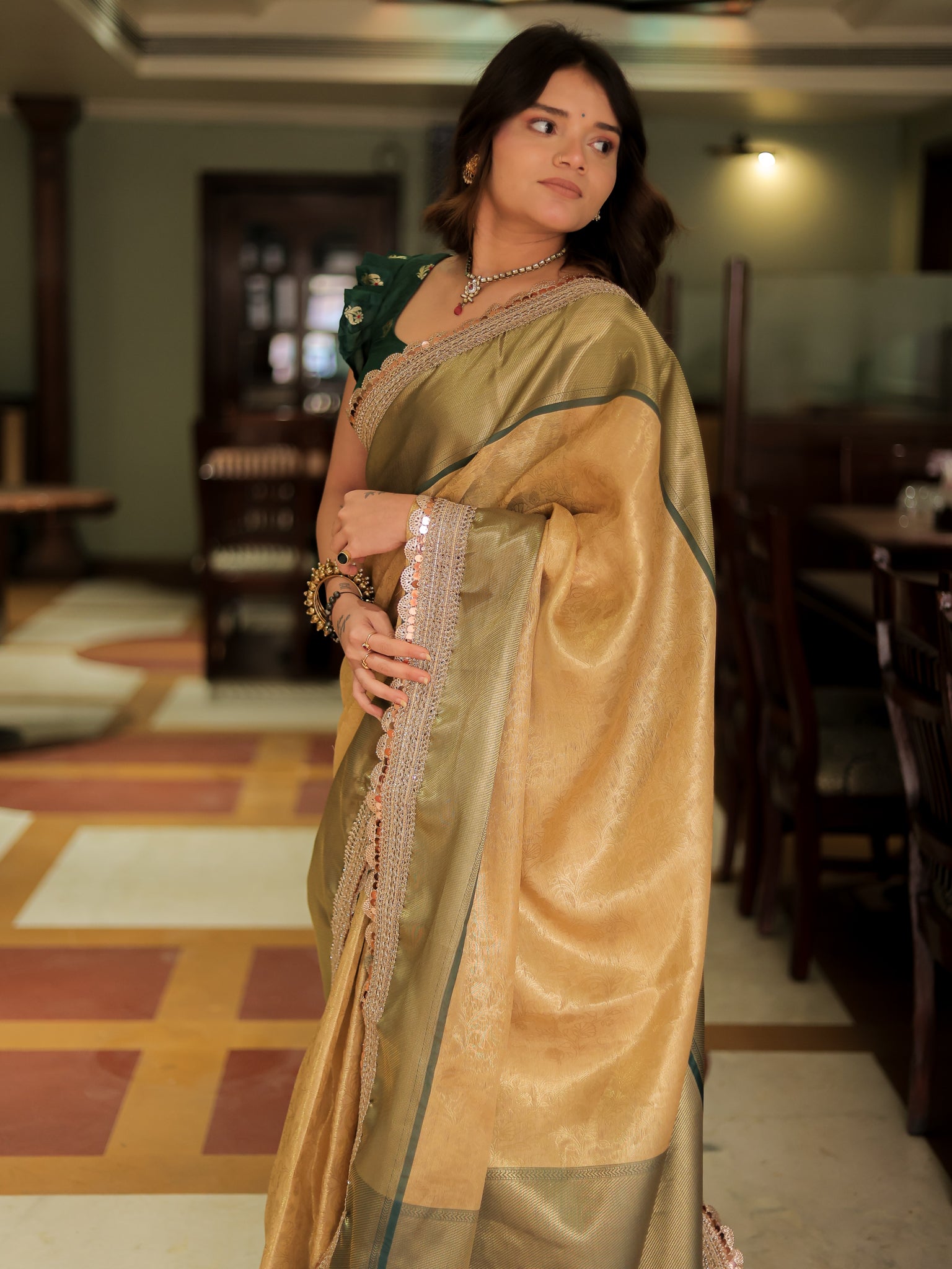 Banarasi Tissue Saree With Weaving & Lace Border-Gold