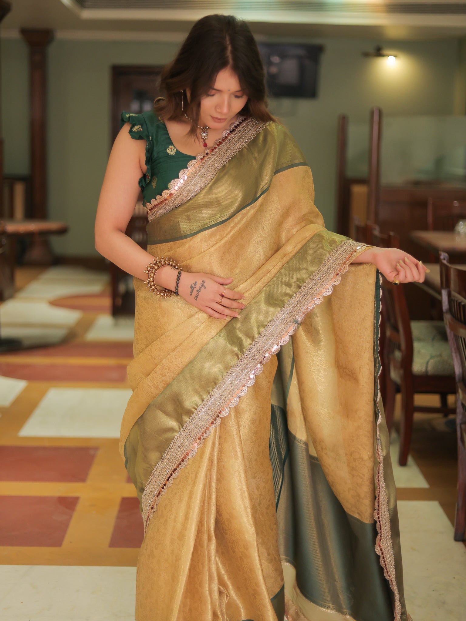 Banarasi Tissue Saree With Weaving & Lace Border-Gold