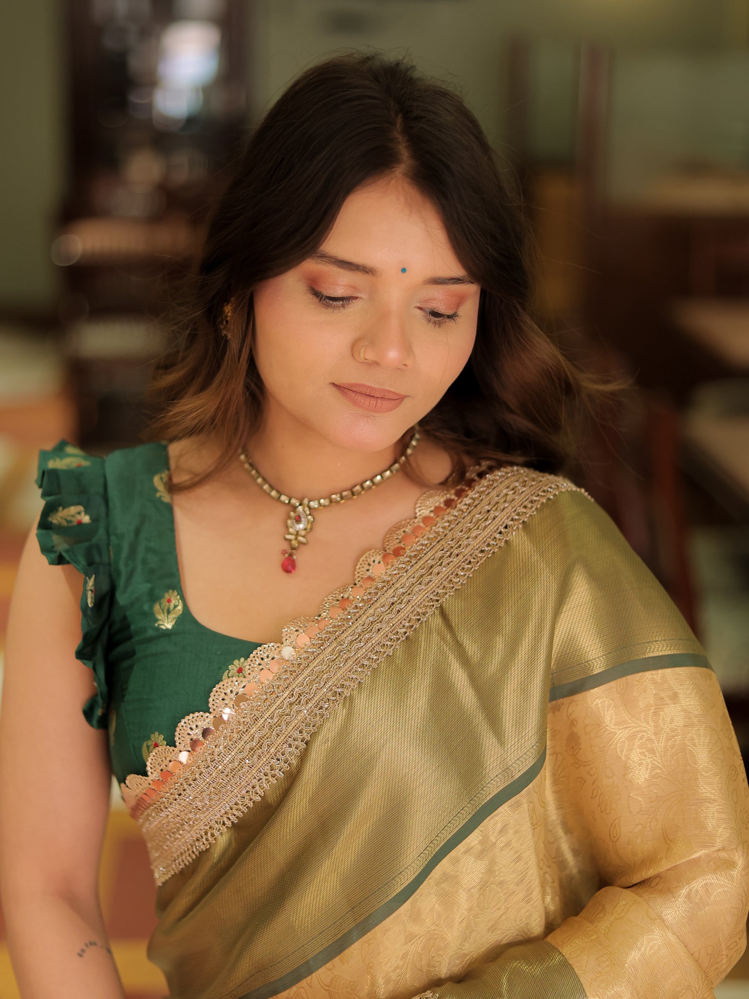 Banarasi Tissue Saree With Weaving & Lace Border-Gold