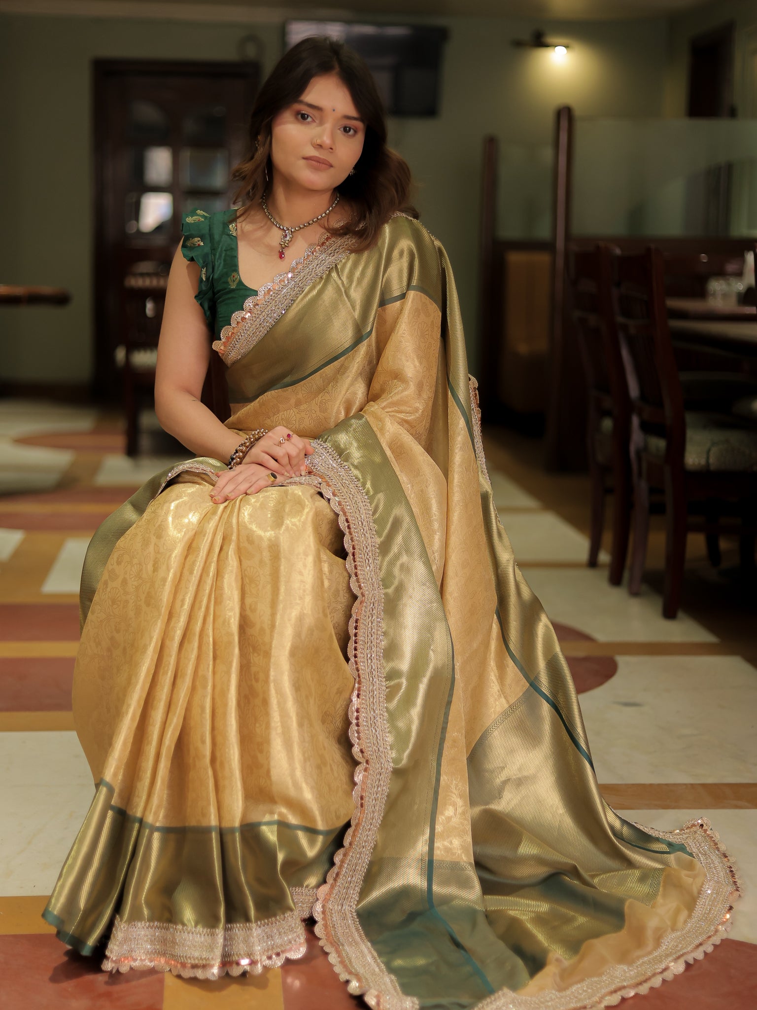 Banarasi Tissue Saree With Weaving & Lace Border-Gold