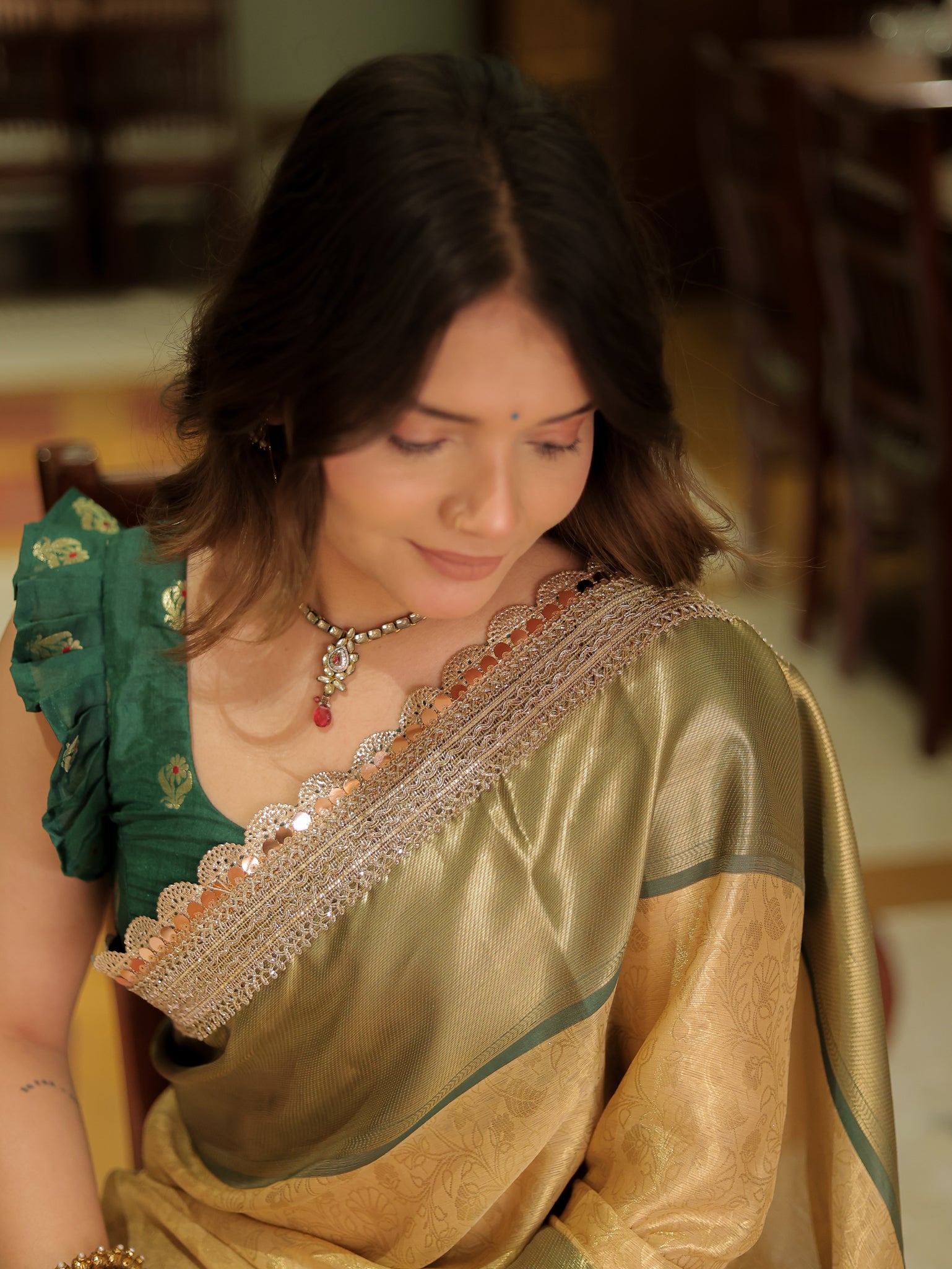 Banarasi Tissue Saree With Weaving & Lace Border-Gold