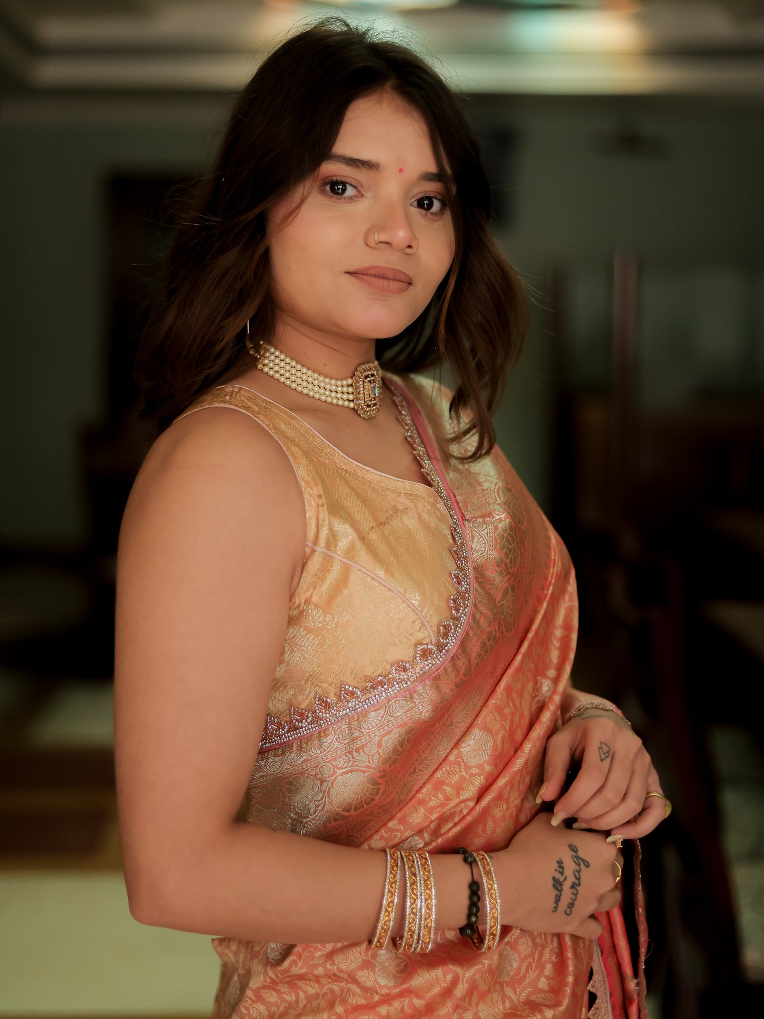 Banarasi Art Katan Silk Saree With Zari Buta Weaving & Tanchoi Weaving & Lace Border-Peach