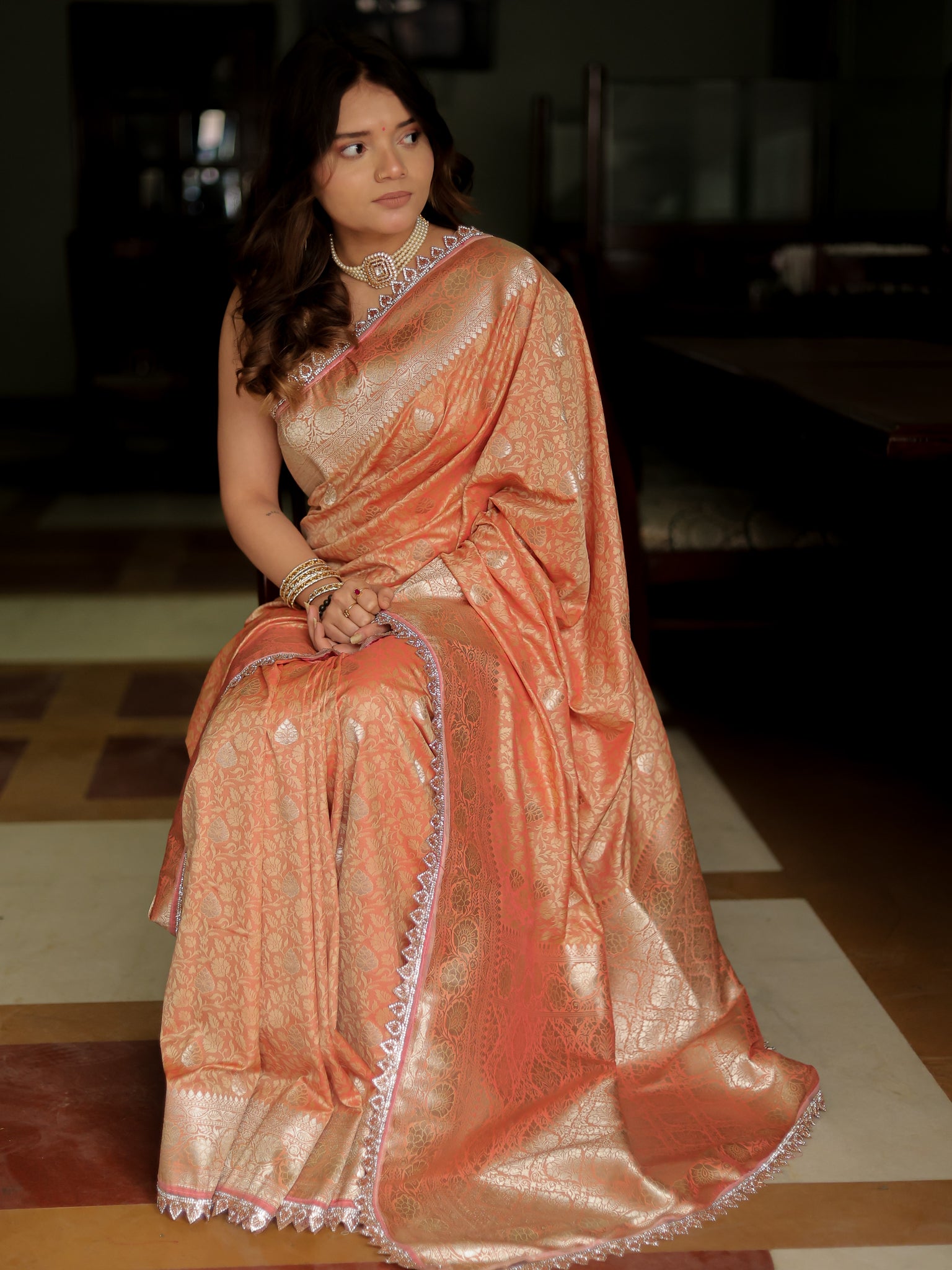 Banarasi Art Katan Silk Saree With Zari Buta Weaving & Tanchoi Weaving & Lace Border-Peach