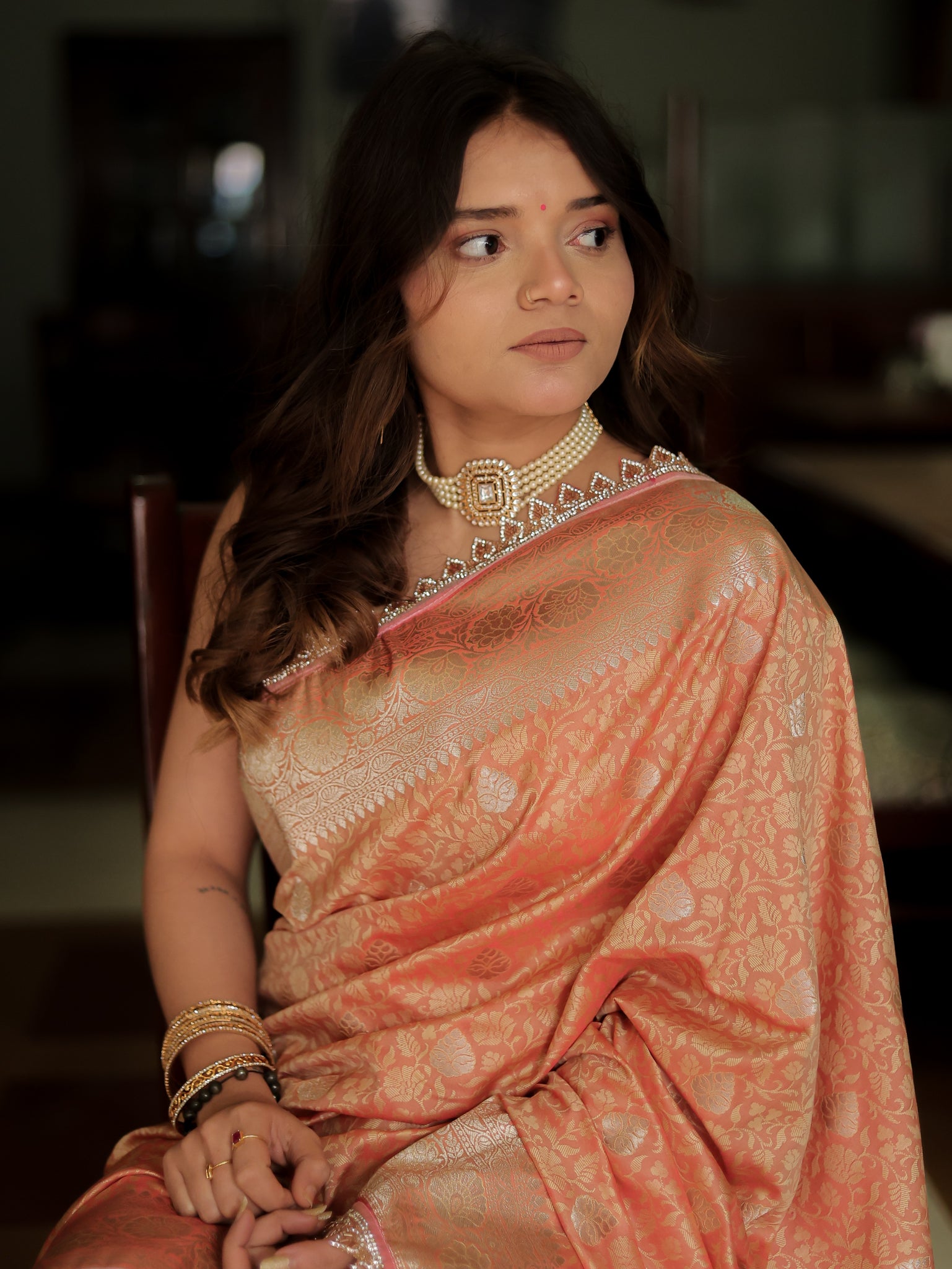 Banarasi Art Katan Silk Saree With Zari Buta Weaving & Tanchoi Weaving & Lace Border-Peach