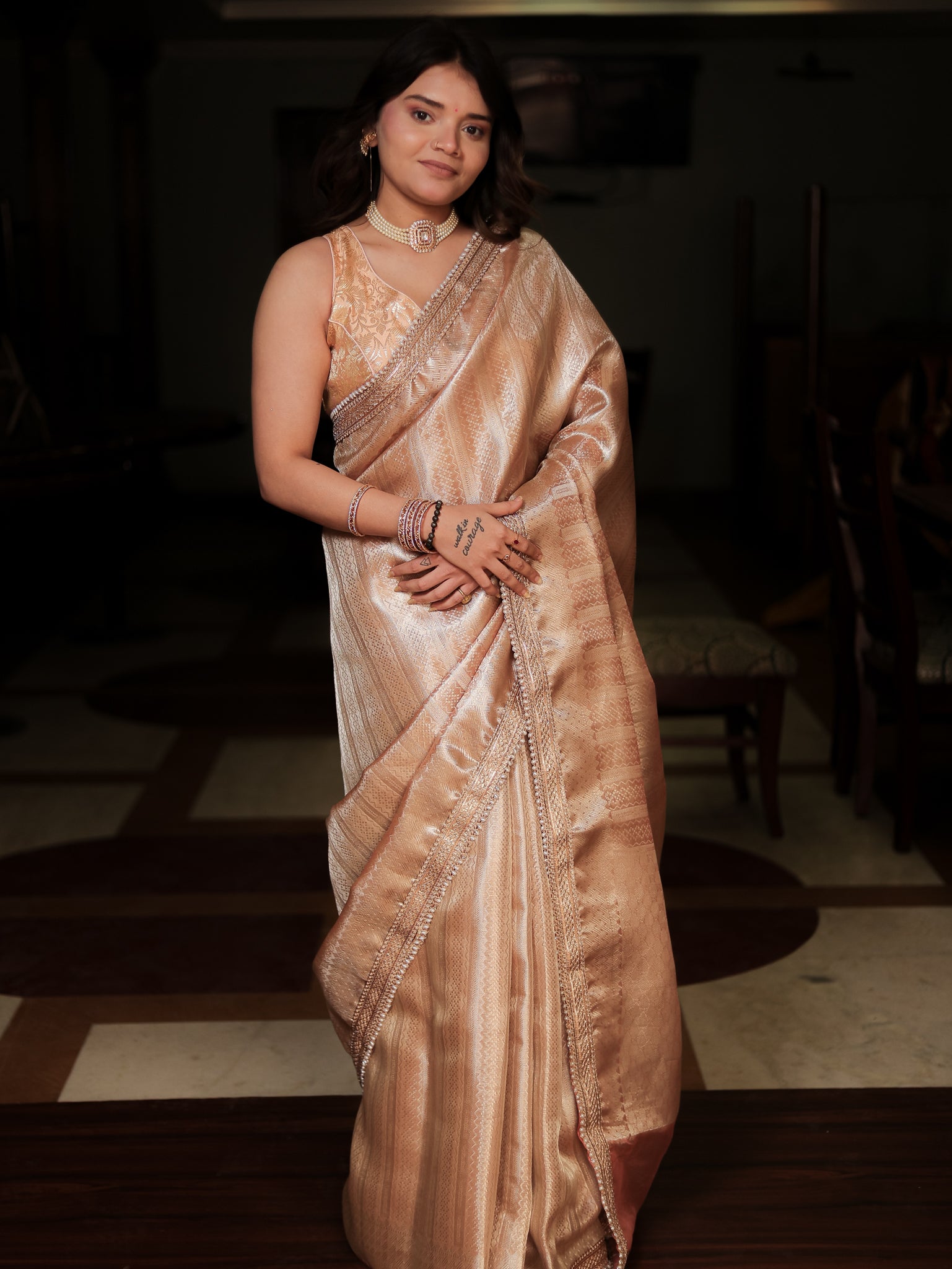 Banarasi Tissue Saree With Weaving & Lace Border- Peach