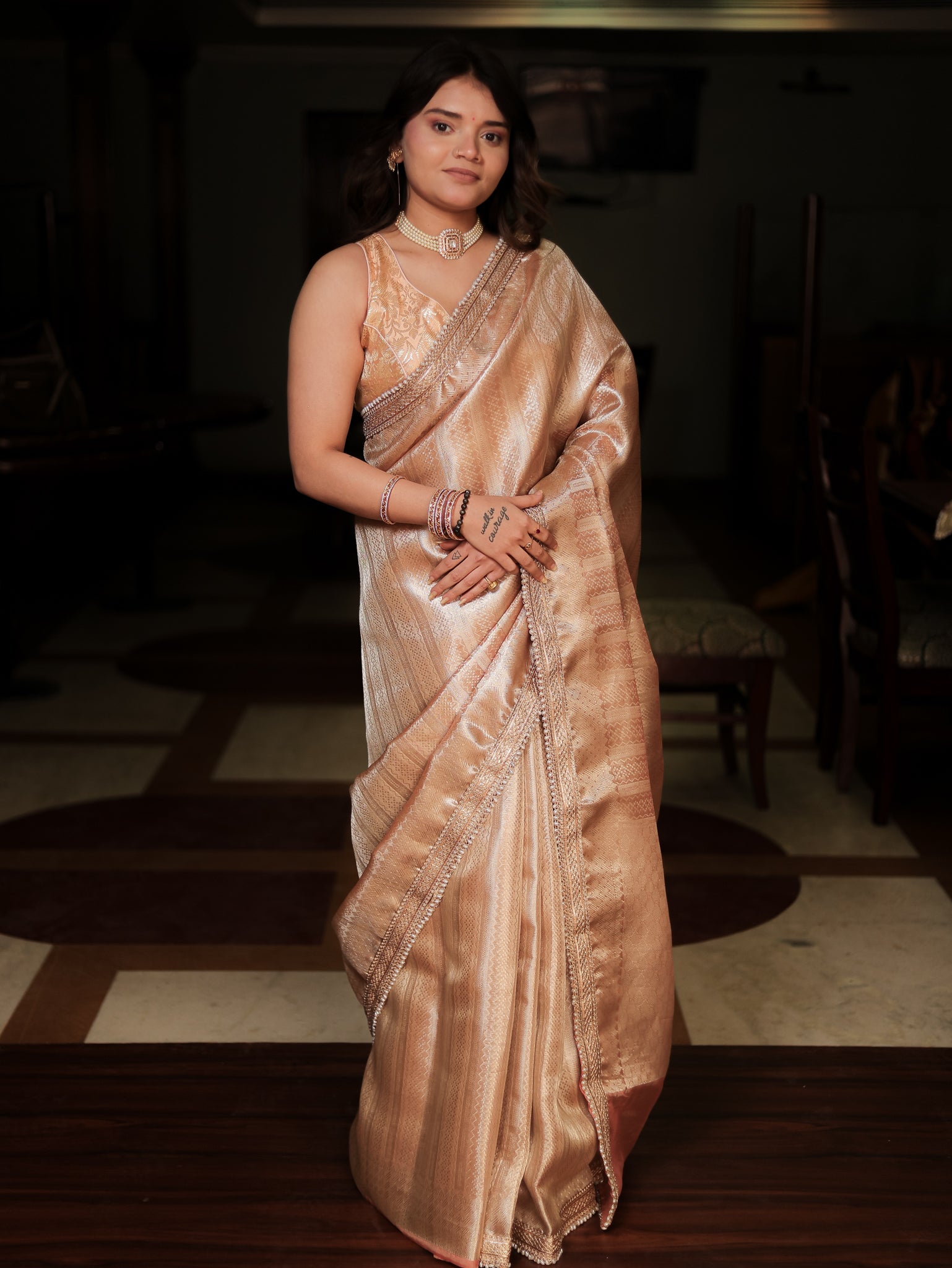 Banarasi Tissue Saree With Weaving & Lace Border- Peach