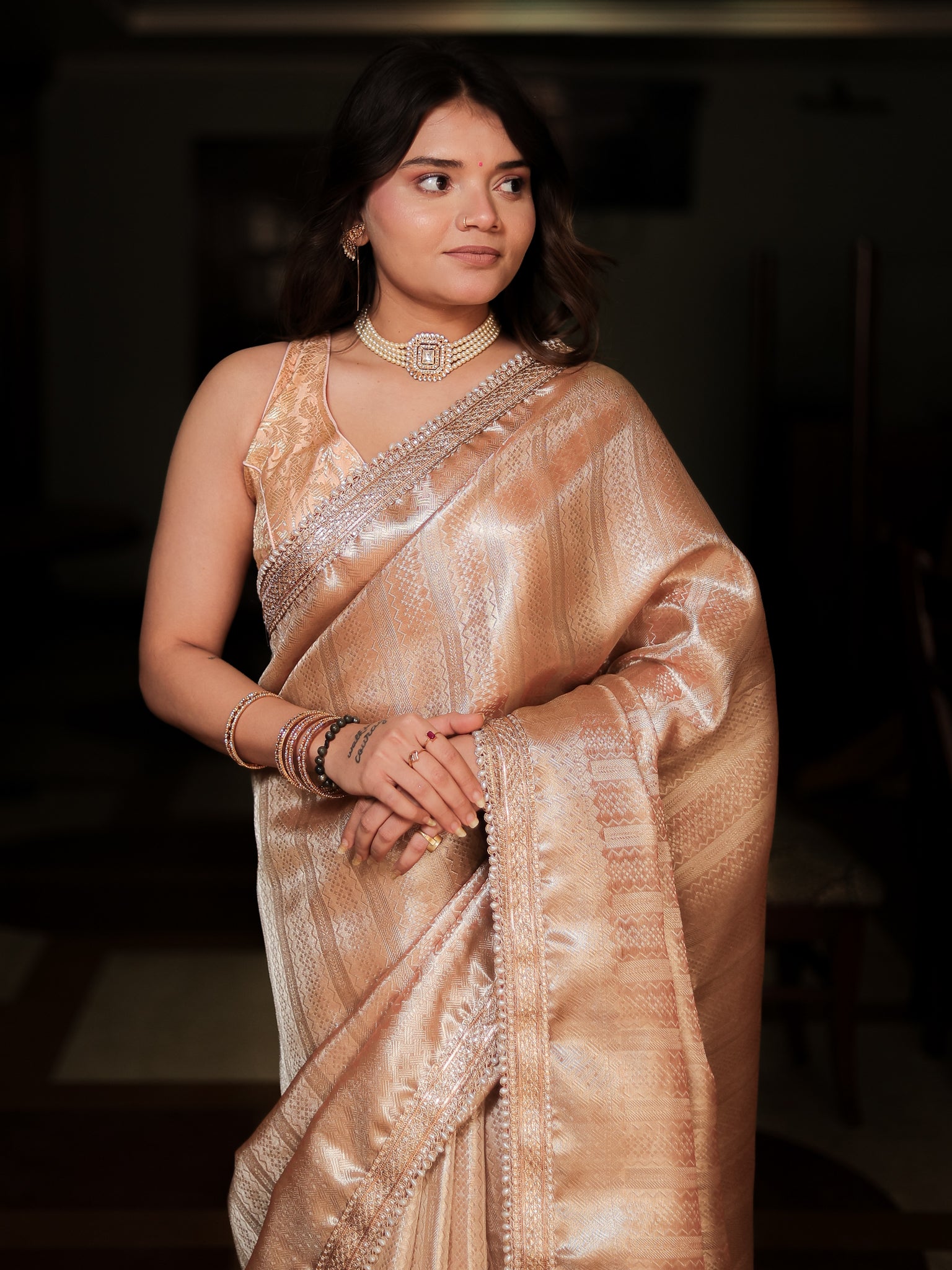 Banarasi Tissue Saree With Weaving & Lace Border- Peach