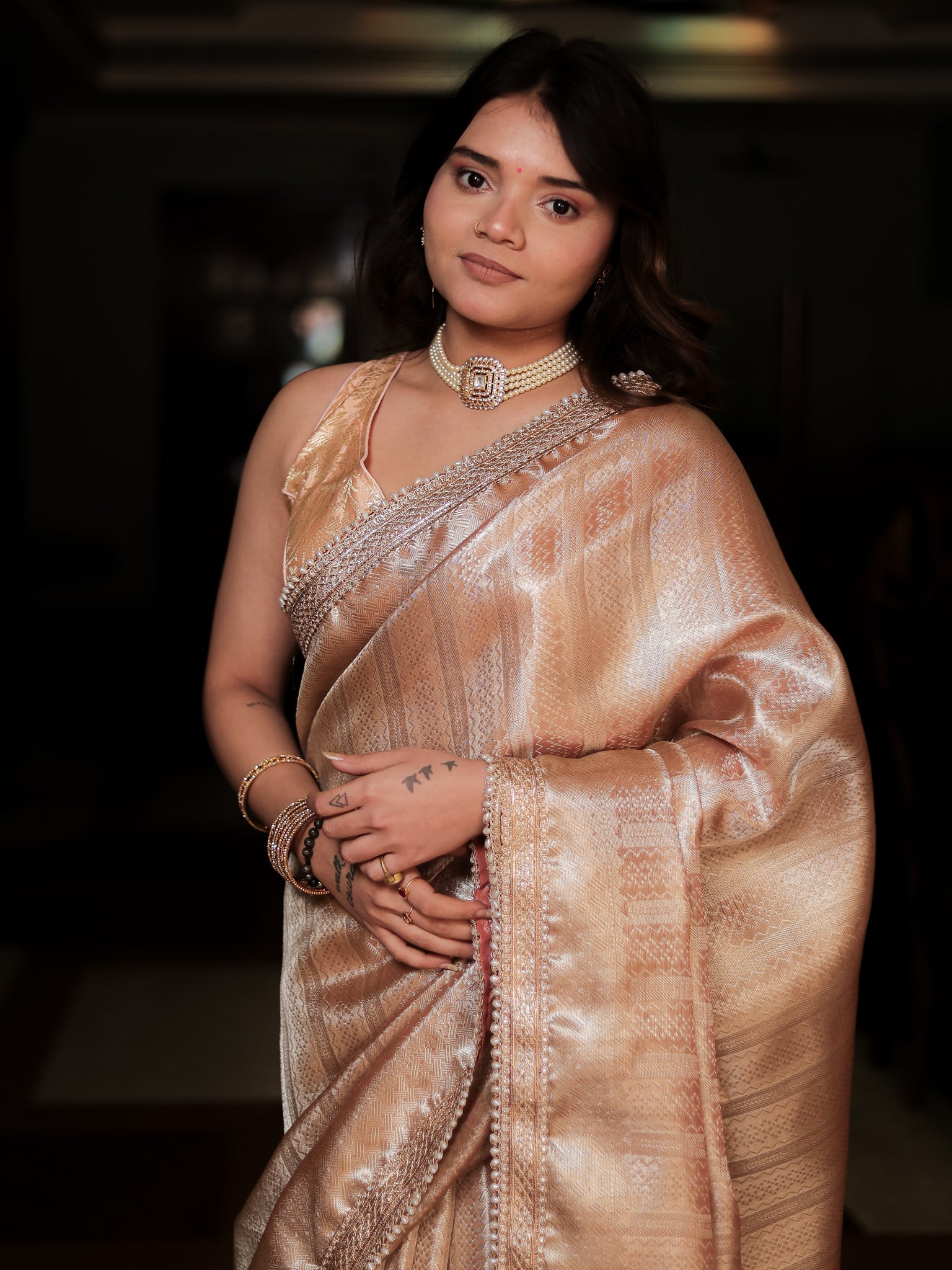 Banarasi Tissue Saree With Weaving & Lace Border- Peach