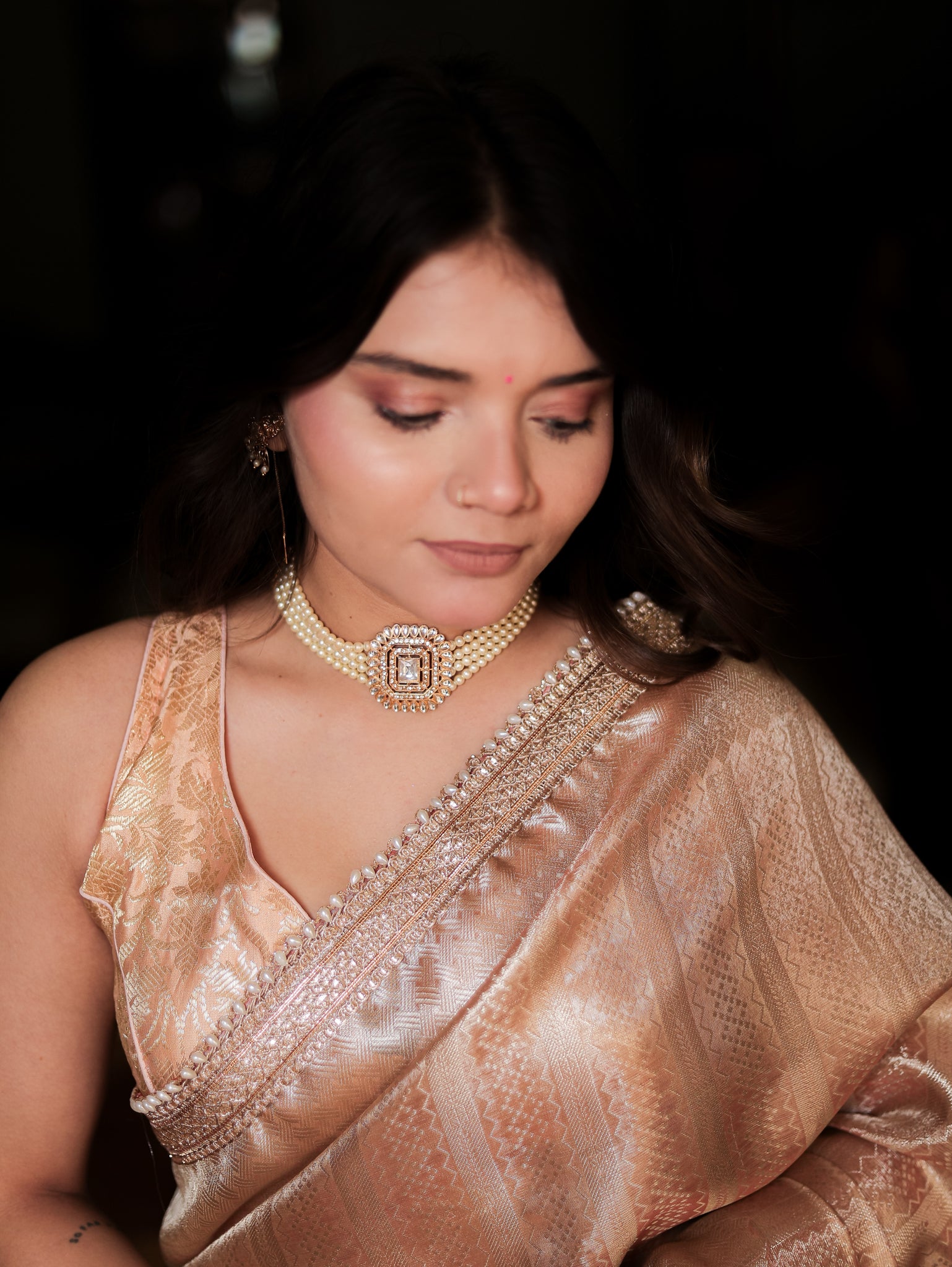 Banarasi Tissue Saree With Weaving & Lace Border- Peach