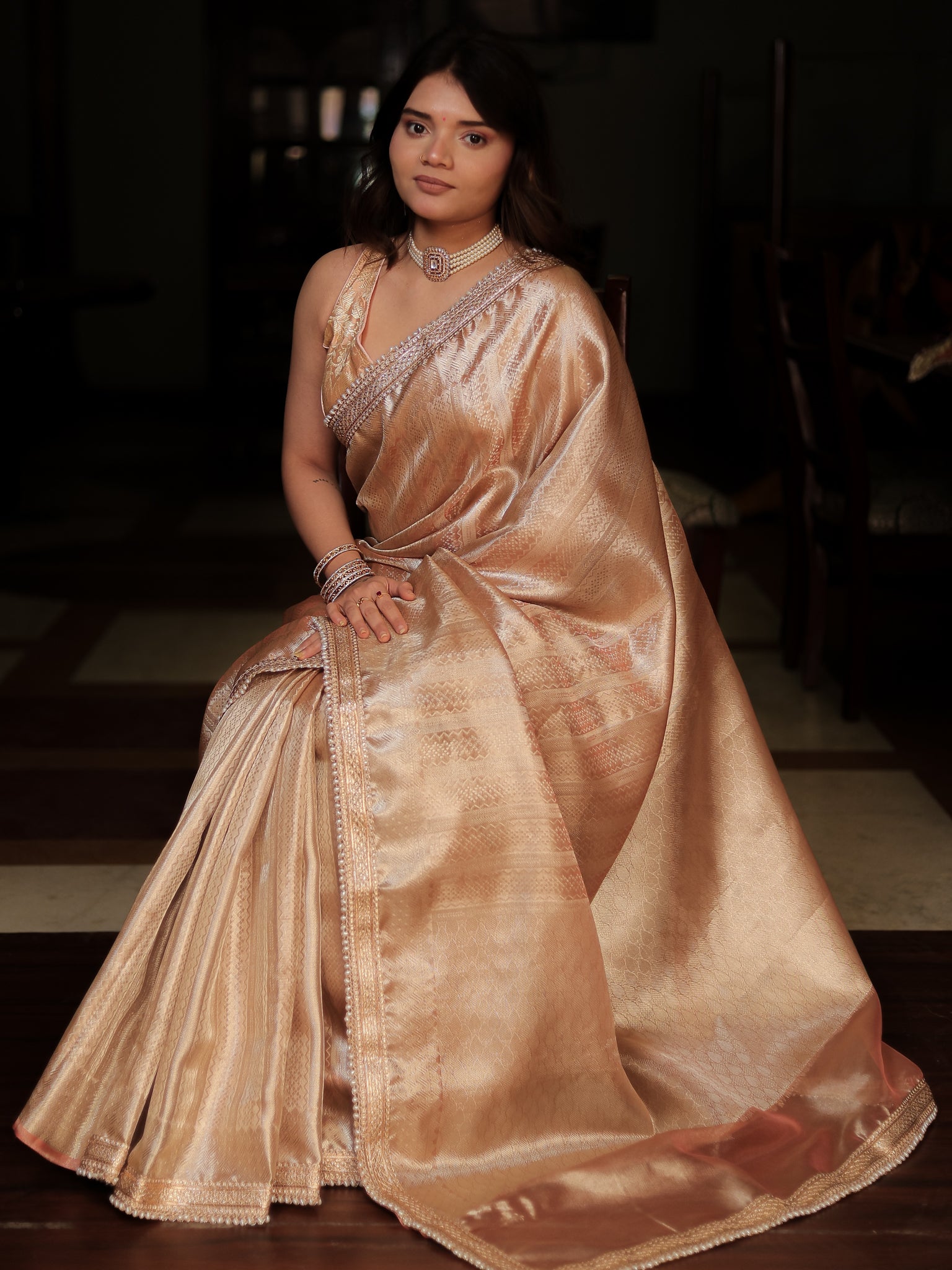 Banarasi Tissue Saree With Weaving & Lace Border- Peach