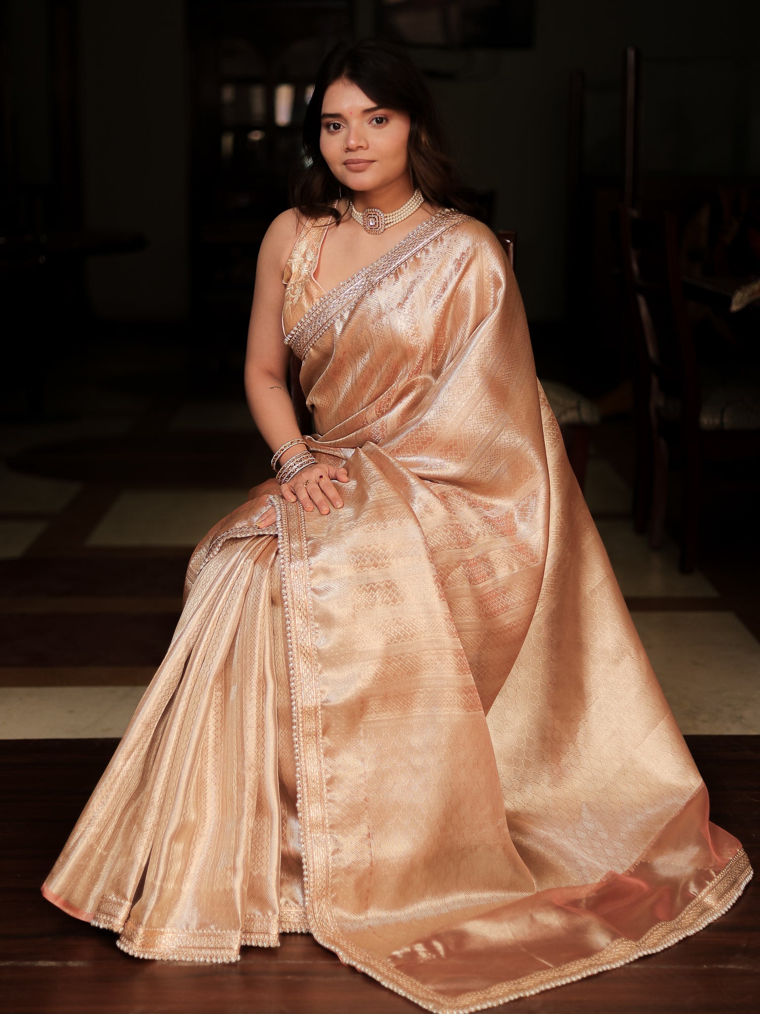 Banarasi Tissue Saree With Weaving & Lace Border- Peach