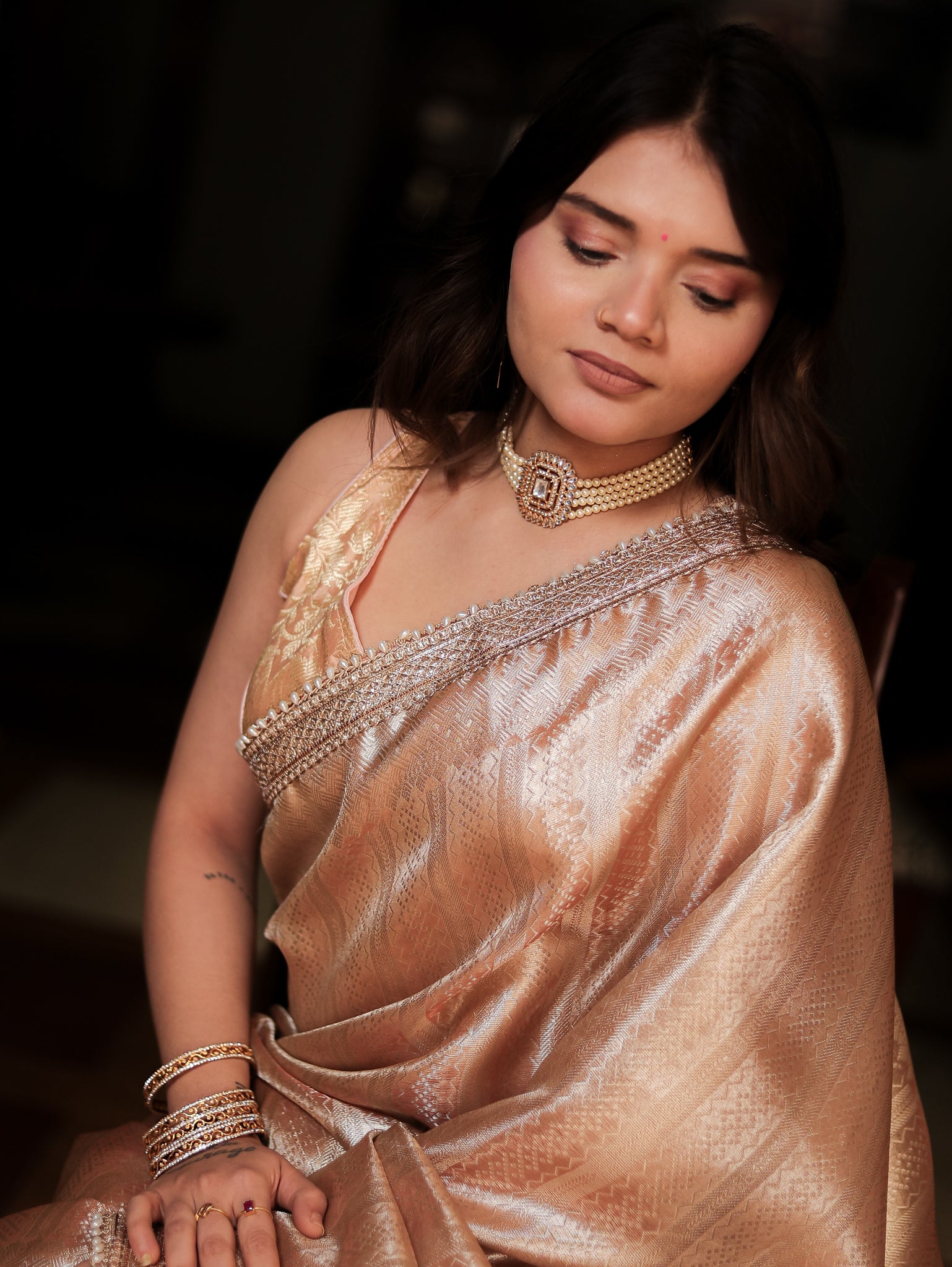 Banarasi Tissue Saree With Weaving & Lace Border- Peach