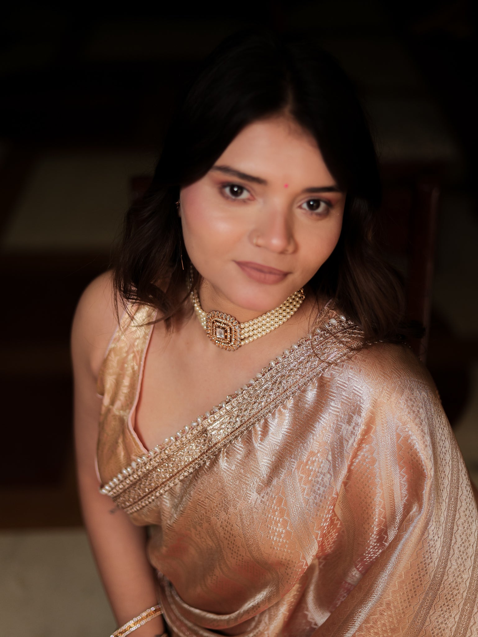 Banarasi Tissue Saree With Weaving & Lace Border- Peach