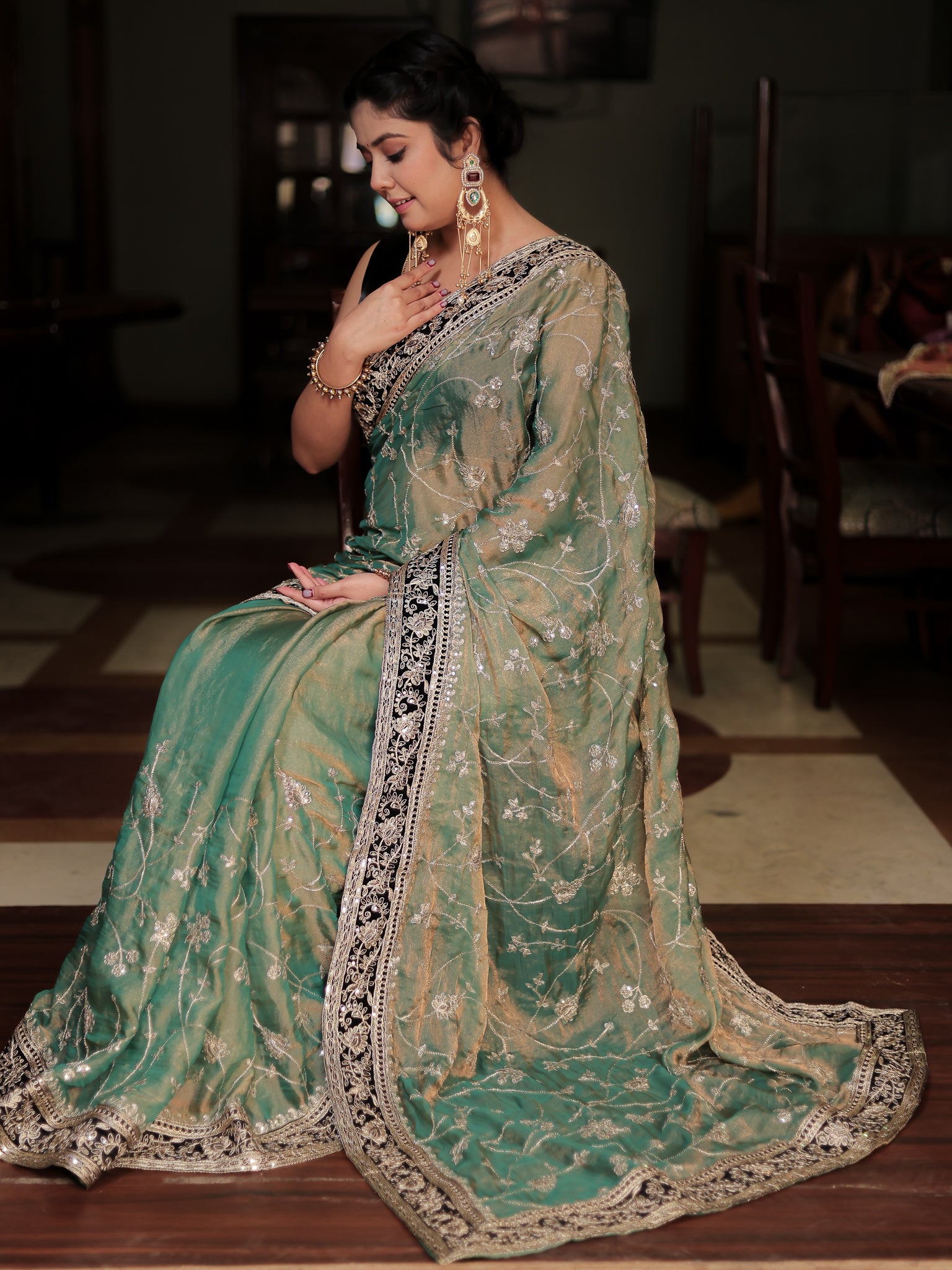 Tissue Embroidered Cocktail Saree With Lace Border- Blue