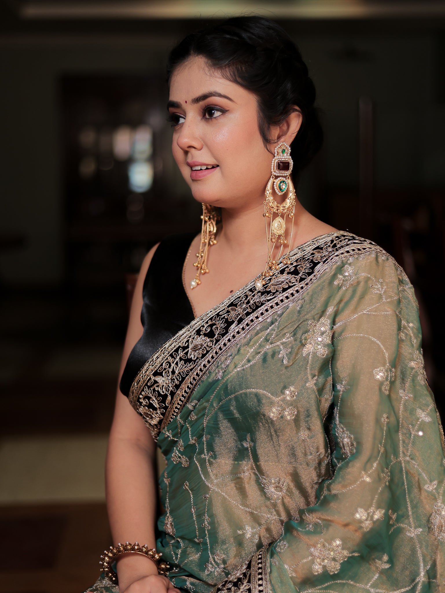 Tissue Embroidered Cocktail Saree With Lace Border- Blue