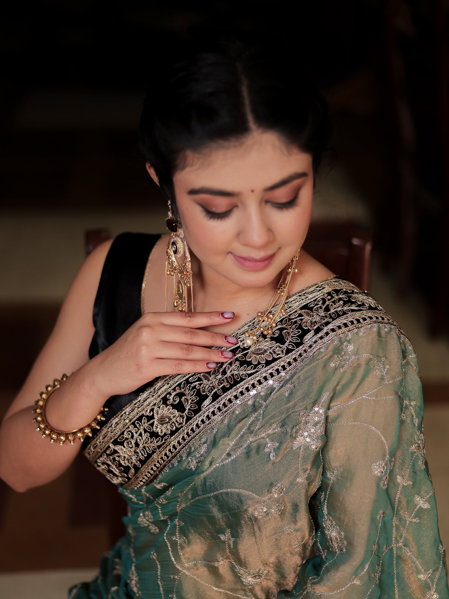 Tissue Embroidered Cocktail Saree With Lace Border- Blue