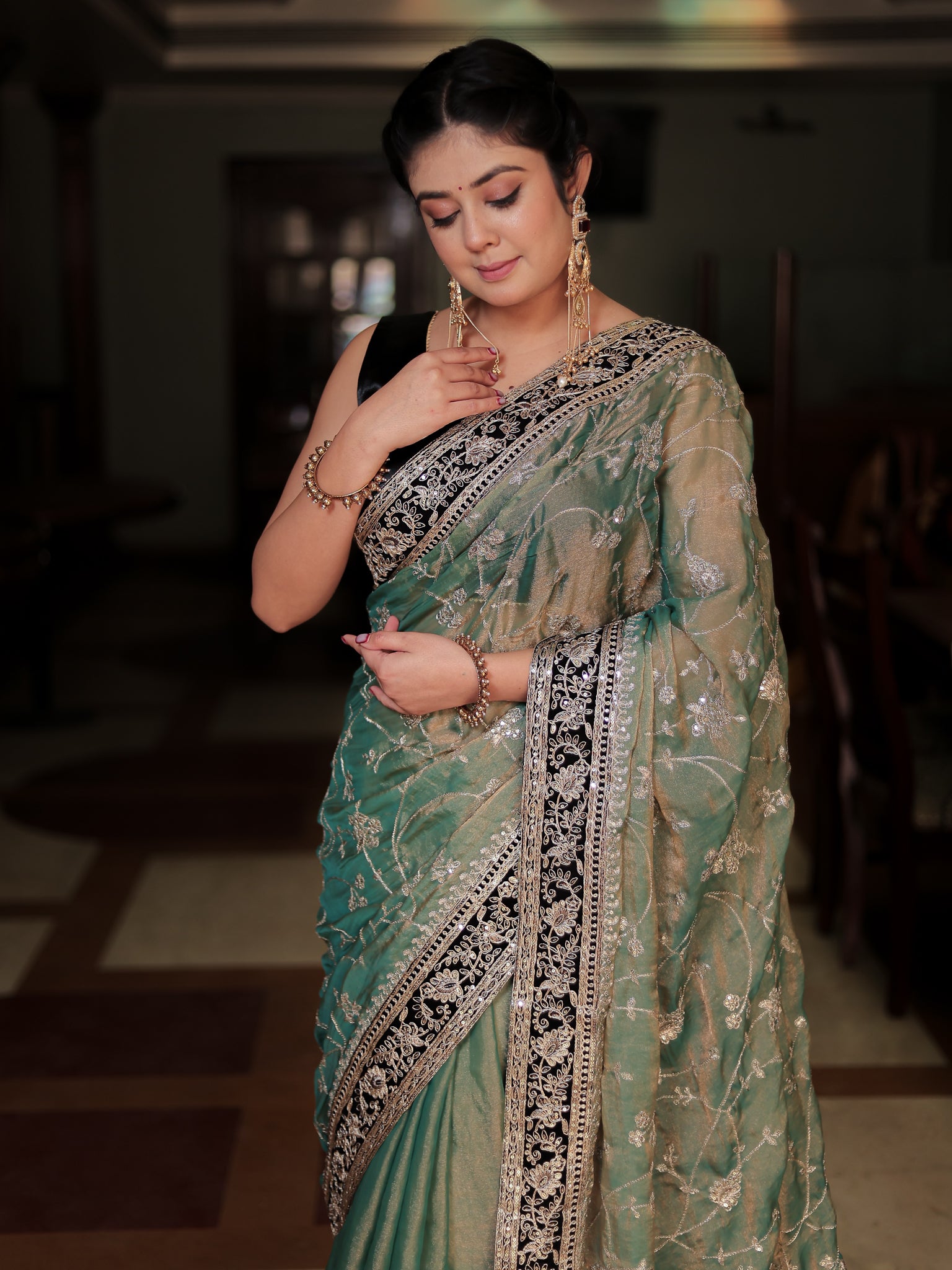 Tissue Embroidered Cocktail Saree With Lace Border- Blue