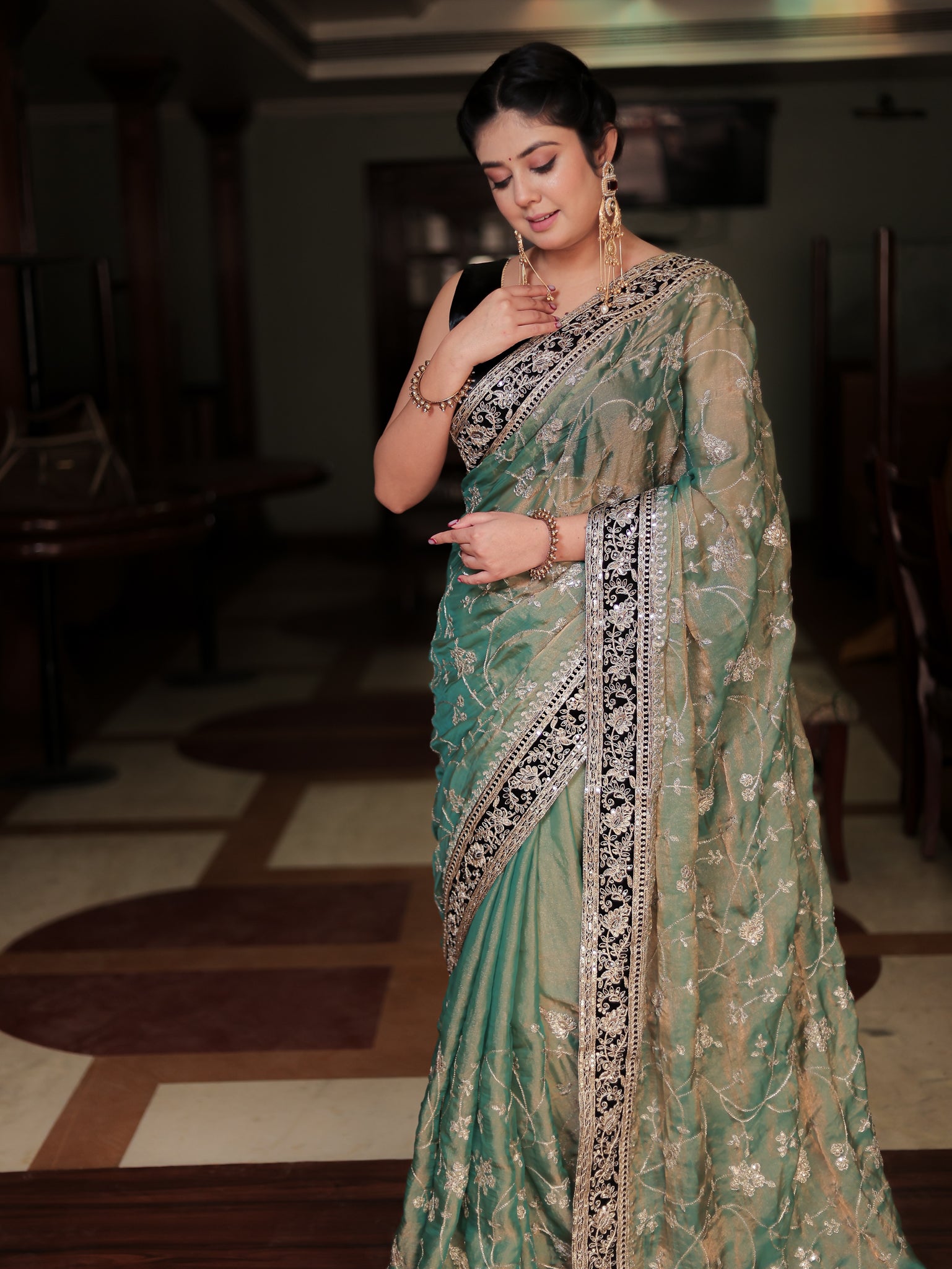 Tissue Embroidered Cocktail Saree With Lace Border- Blue