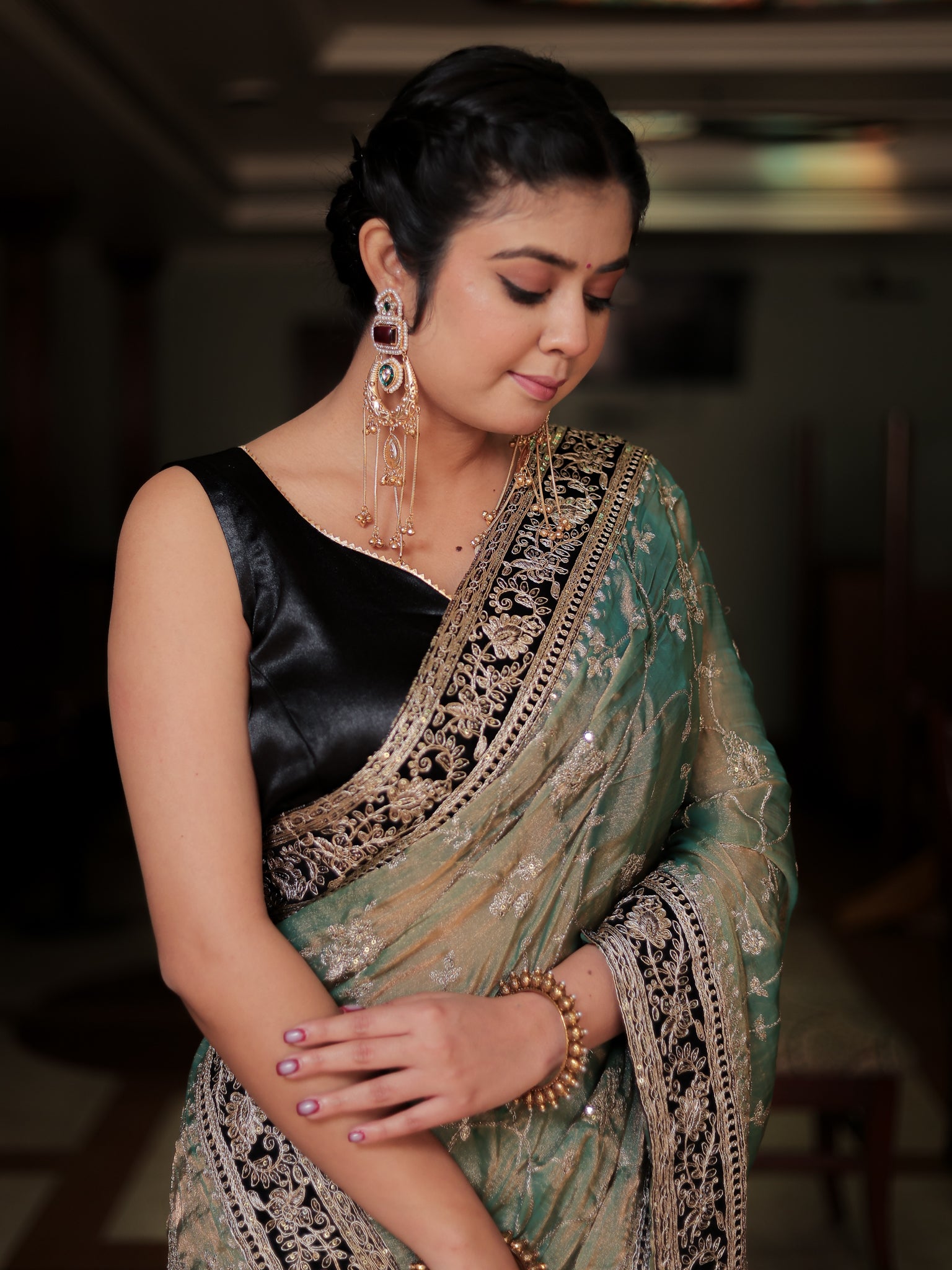 Tissue Embroidered Cocktail Saree With Lace Border- Blue