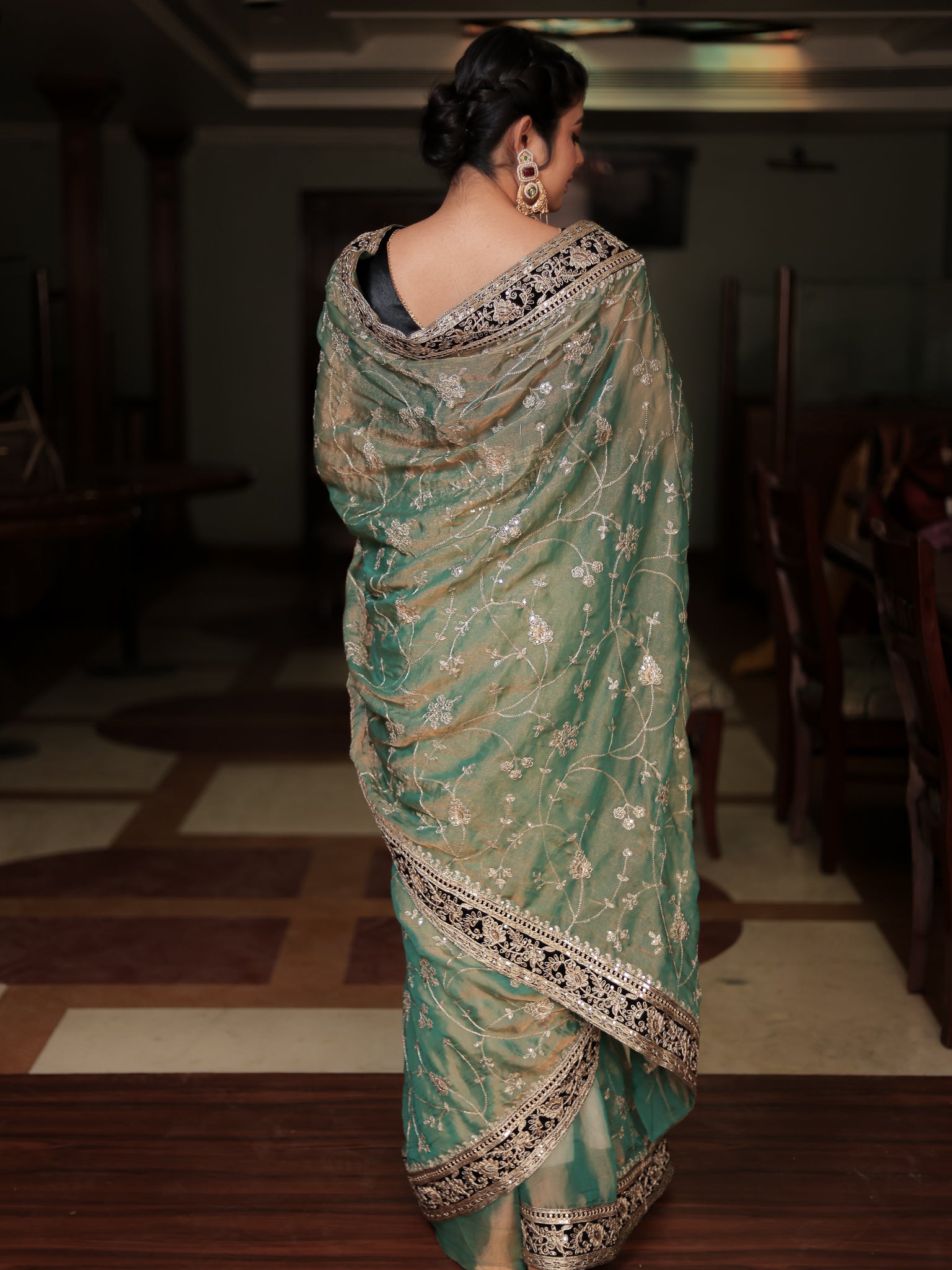 Tissue Embroidered Cocktail Saree With Lace Border- Blue