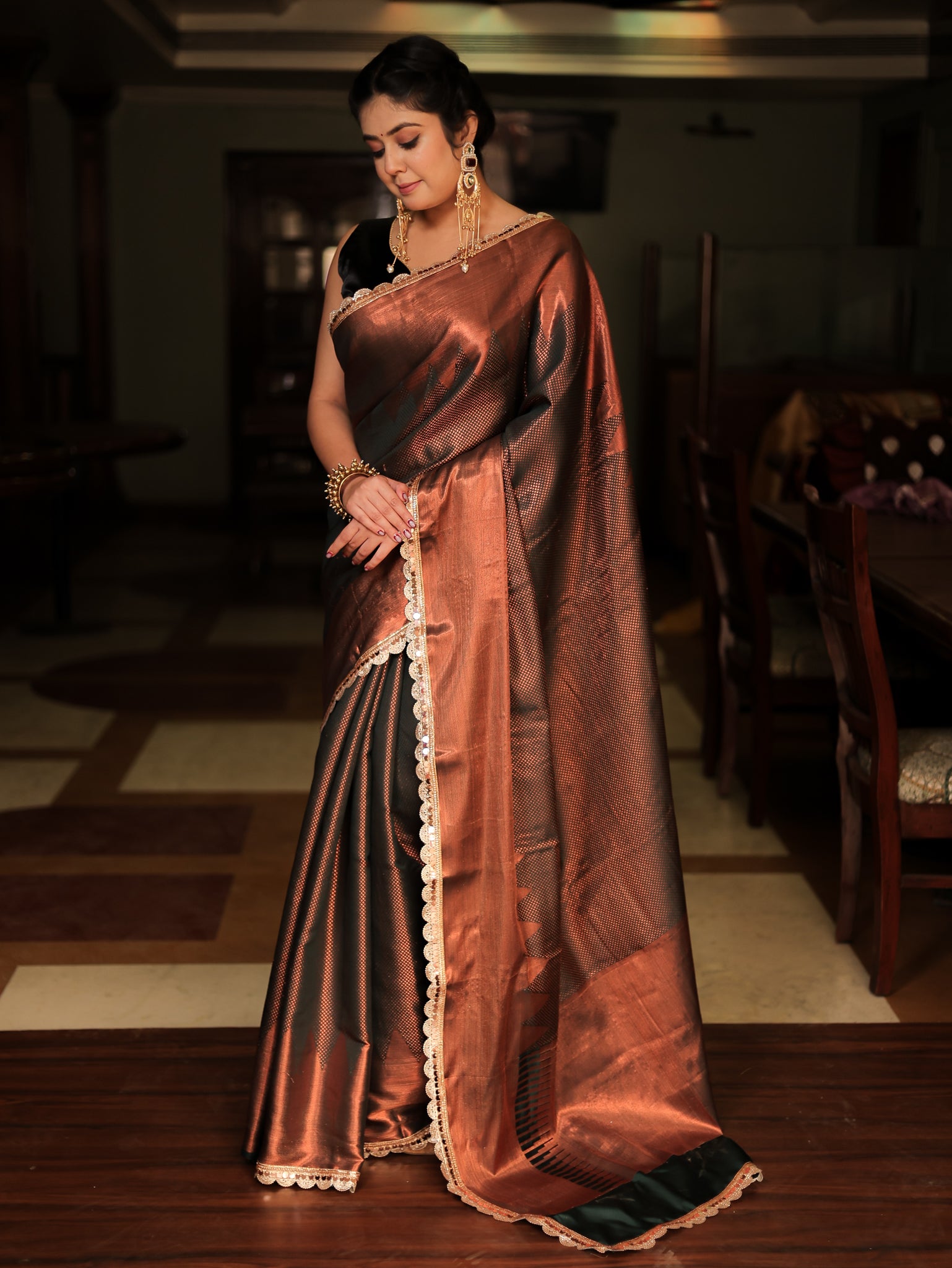 Bronze Zari Tanchoi Banarasi Semi Silk Saree with Lace Border
