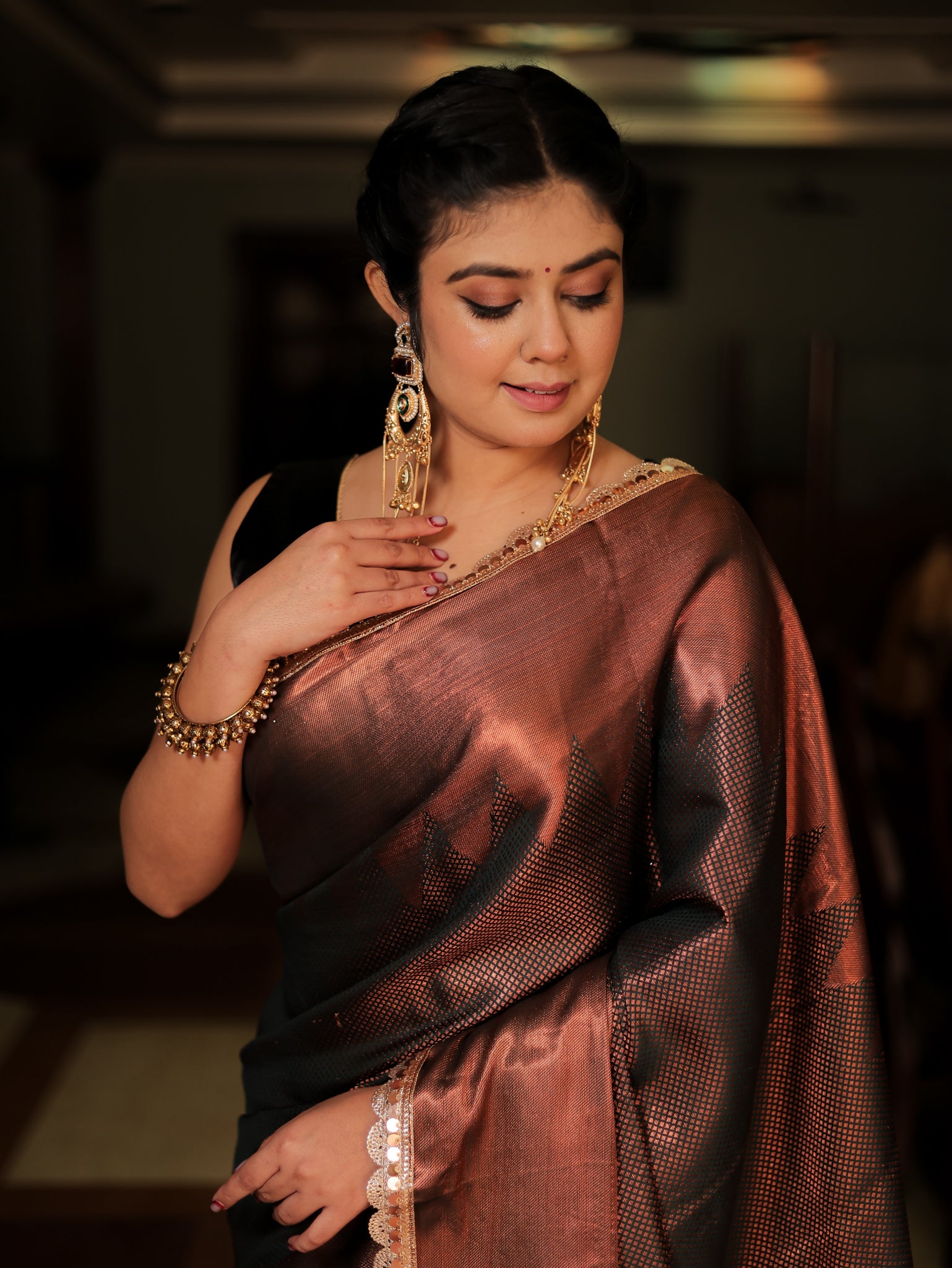 Bronze Zari Tanchoi Banarasi Semi Silk Saree with Lace Border