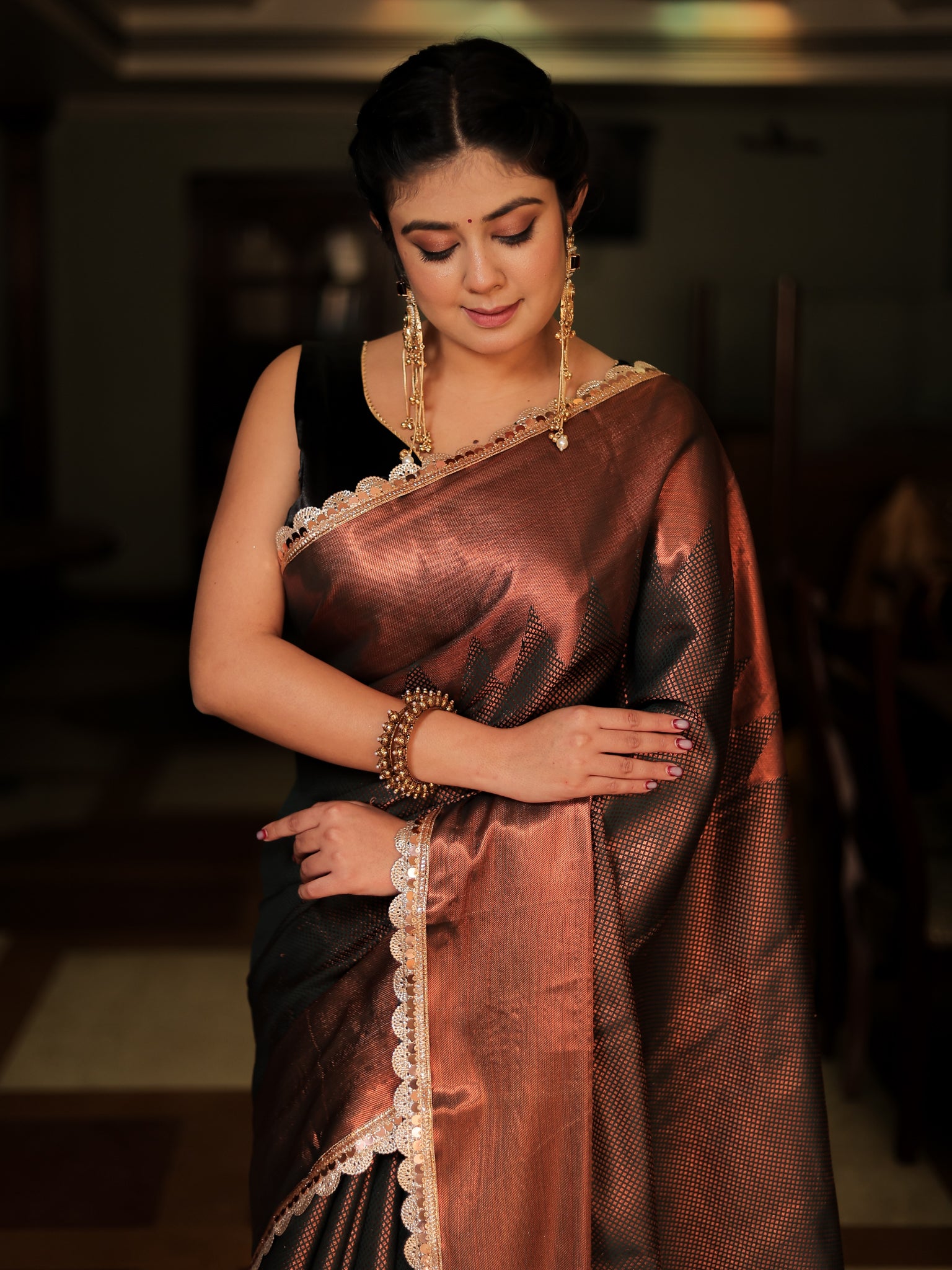 Bronze Zari Tanchoi Banarasi Semi Silk Saree with Lace Border
