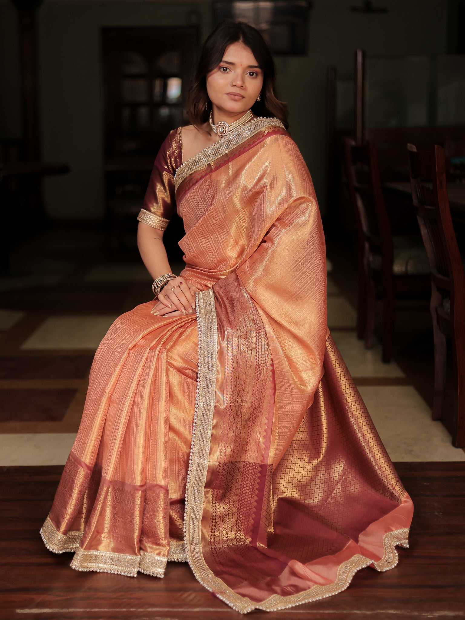 Banarasi Tissue Saree With Weaving & Lace Border- Peach