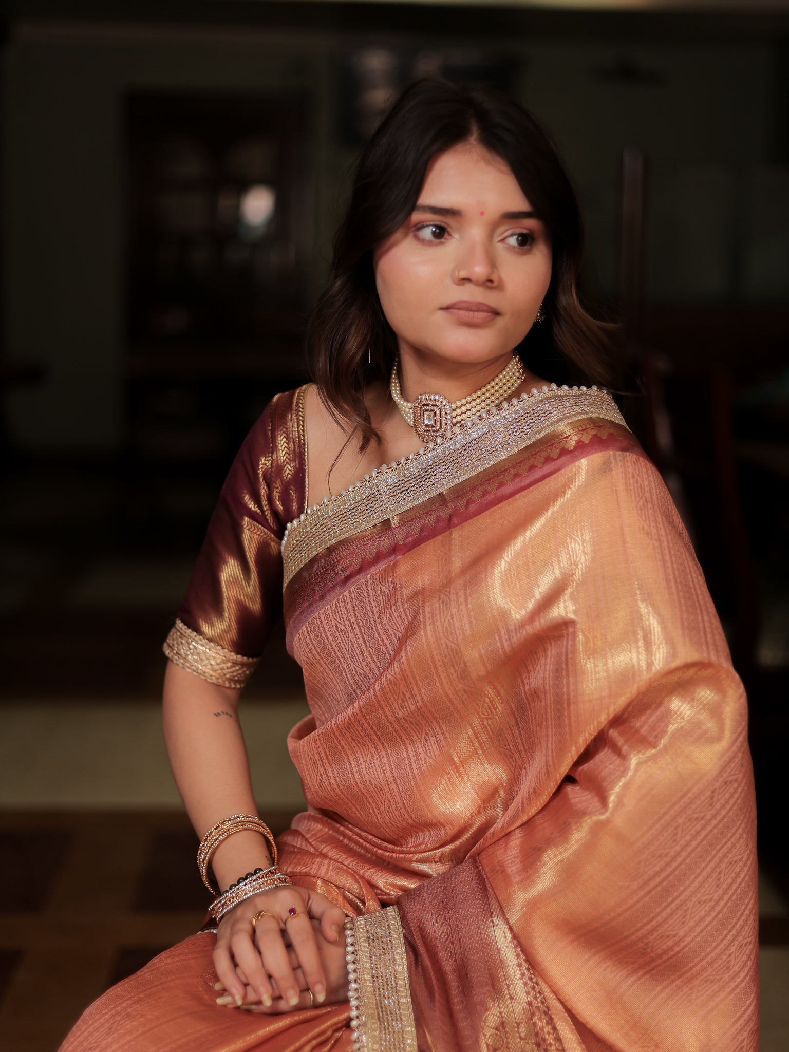 Banarasi Tissue Saree With Weaving & Lace Border- Peach