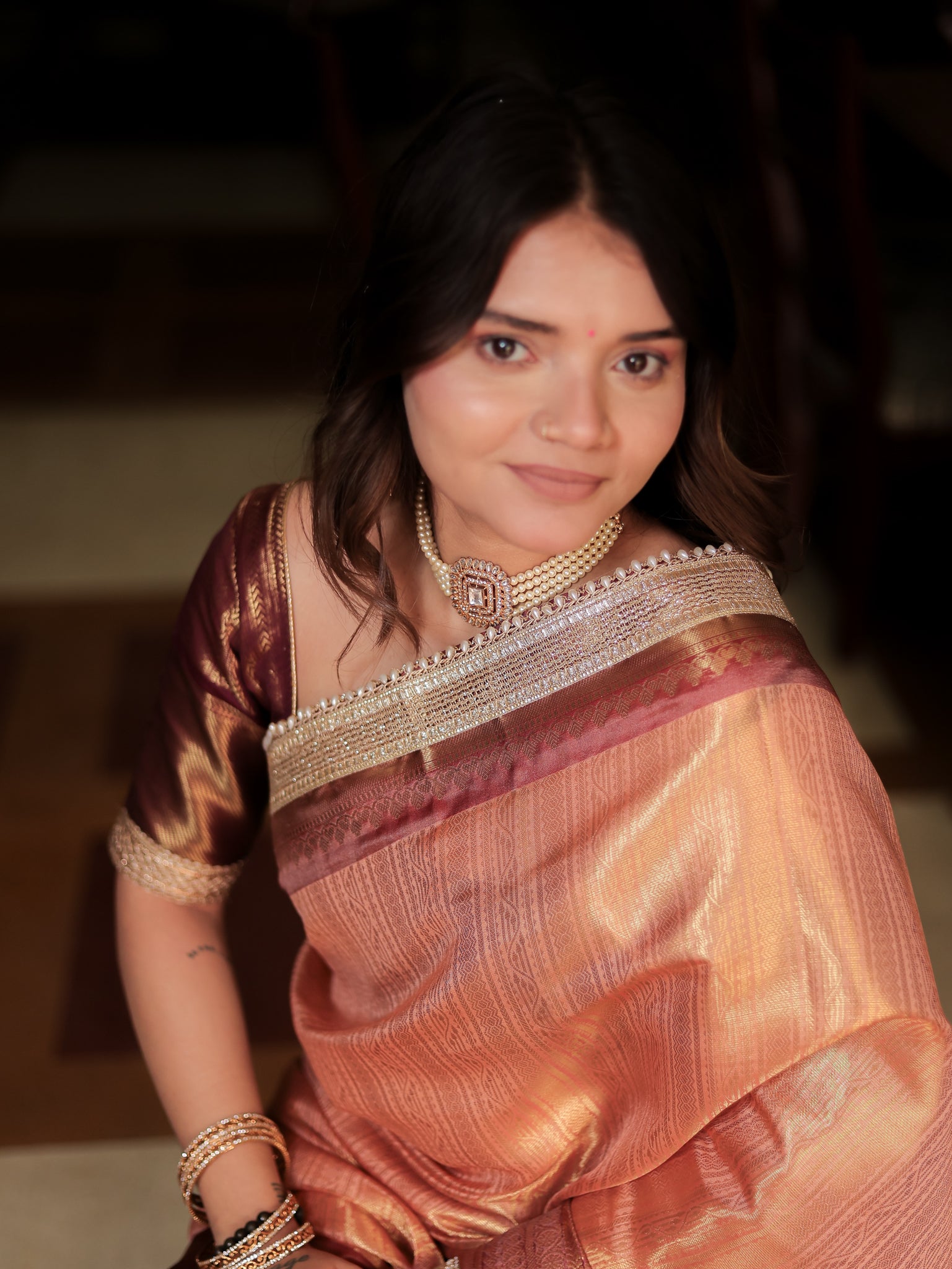 Banarasi Tissue Saree With Weaving & Lace Border- Peach