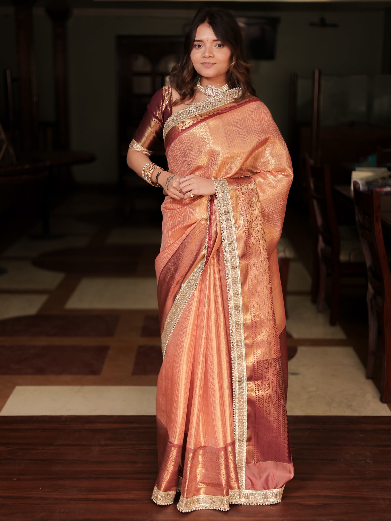Banarasi Tissue Saree With Weaving & Lace Border- Peach