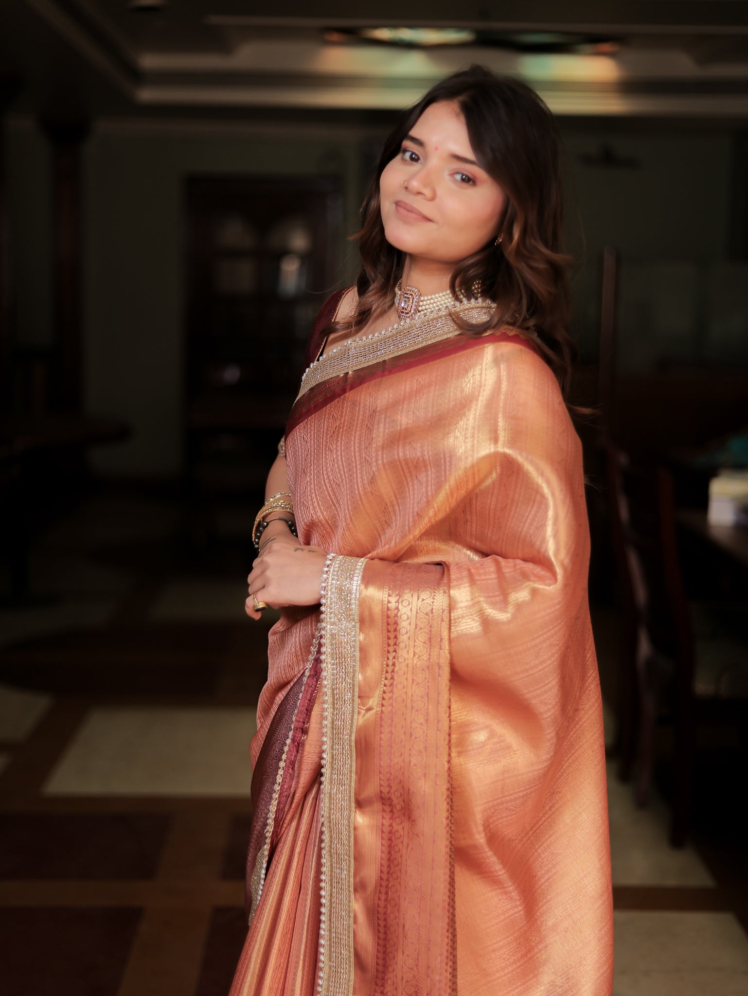 Banarasi Tissue Saree With Weaving & Lace Border- Peach