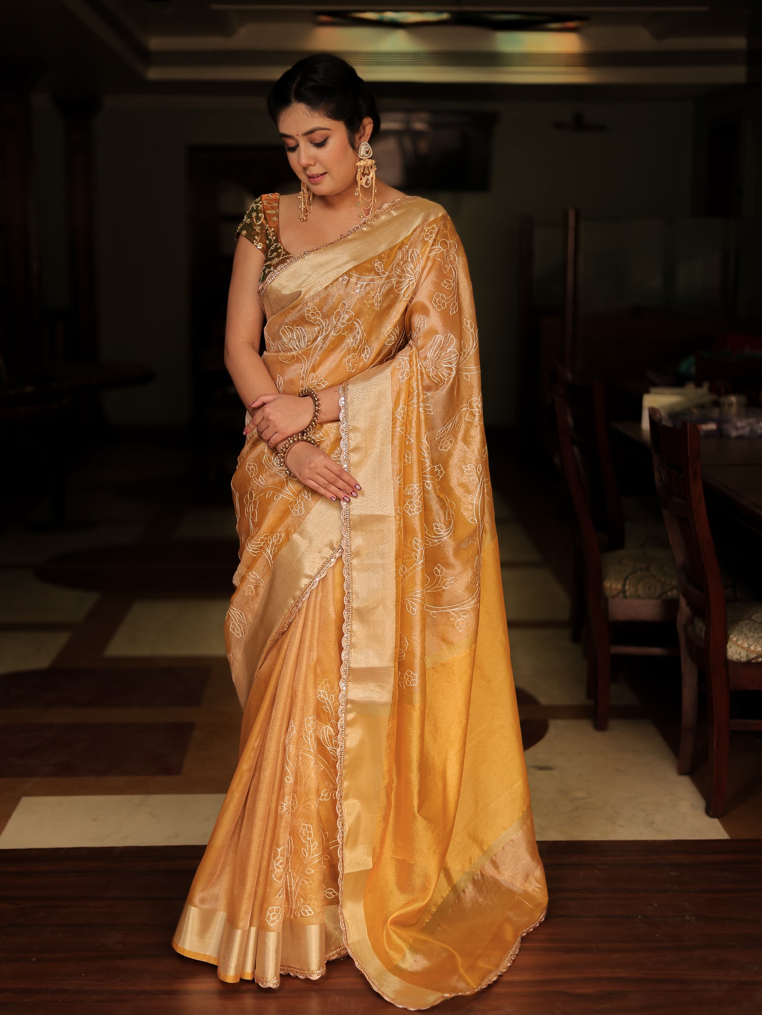 Yellow Embroidered Banarasi Tissue Saree with Weaving & Lace Border
