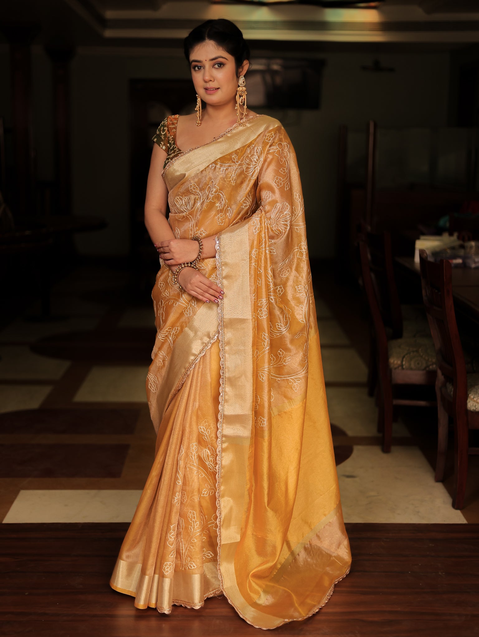 Yellow Embroidered Banarasi Tissue Saree with Weaving & Lace Border