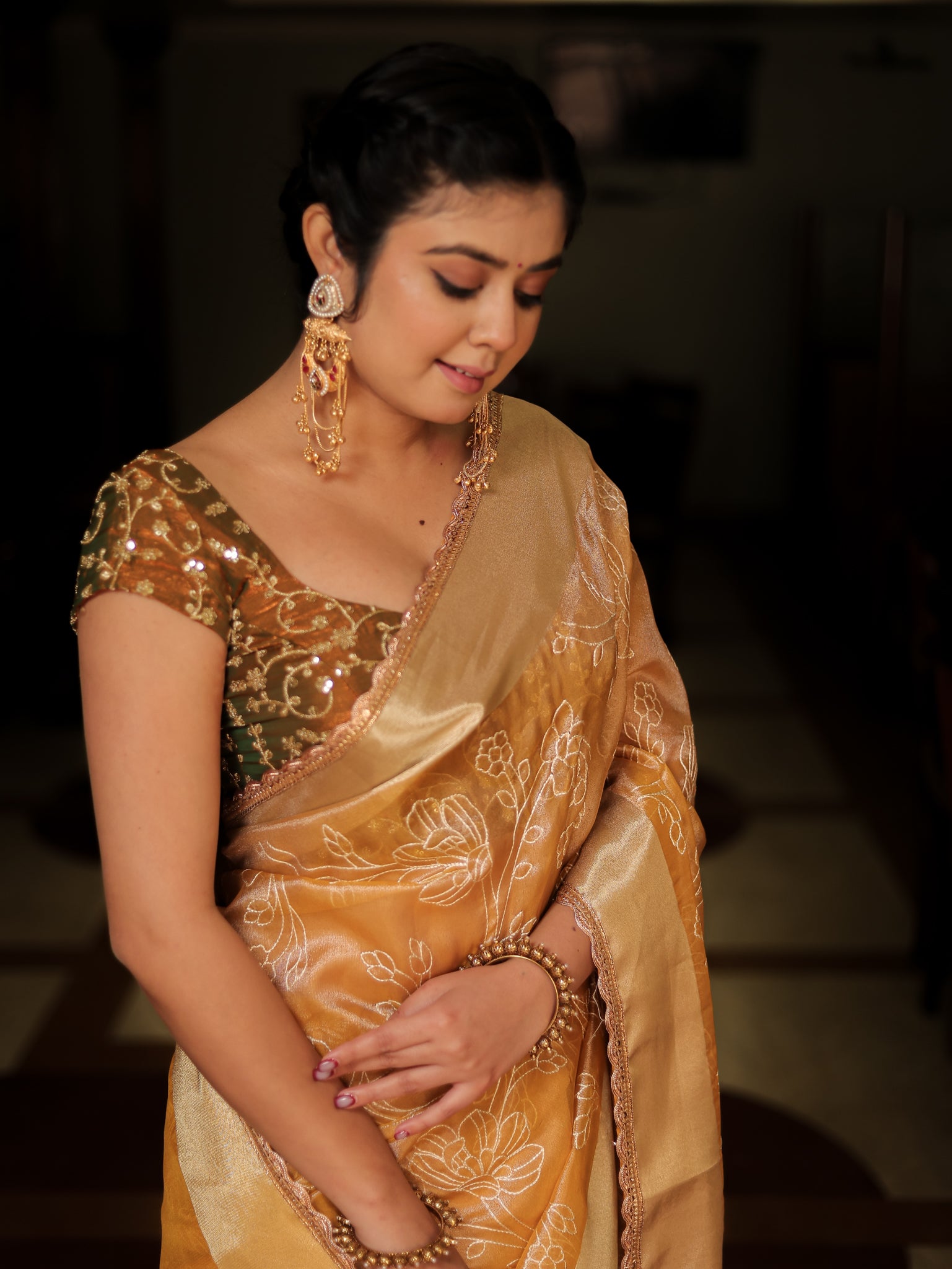 Yellow Embroidered Banarasi Tissue Saree with Weaving & Lace Border