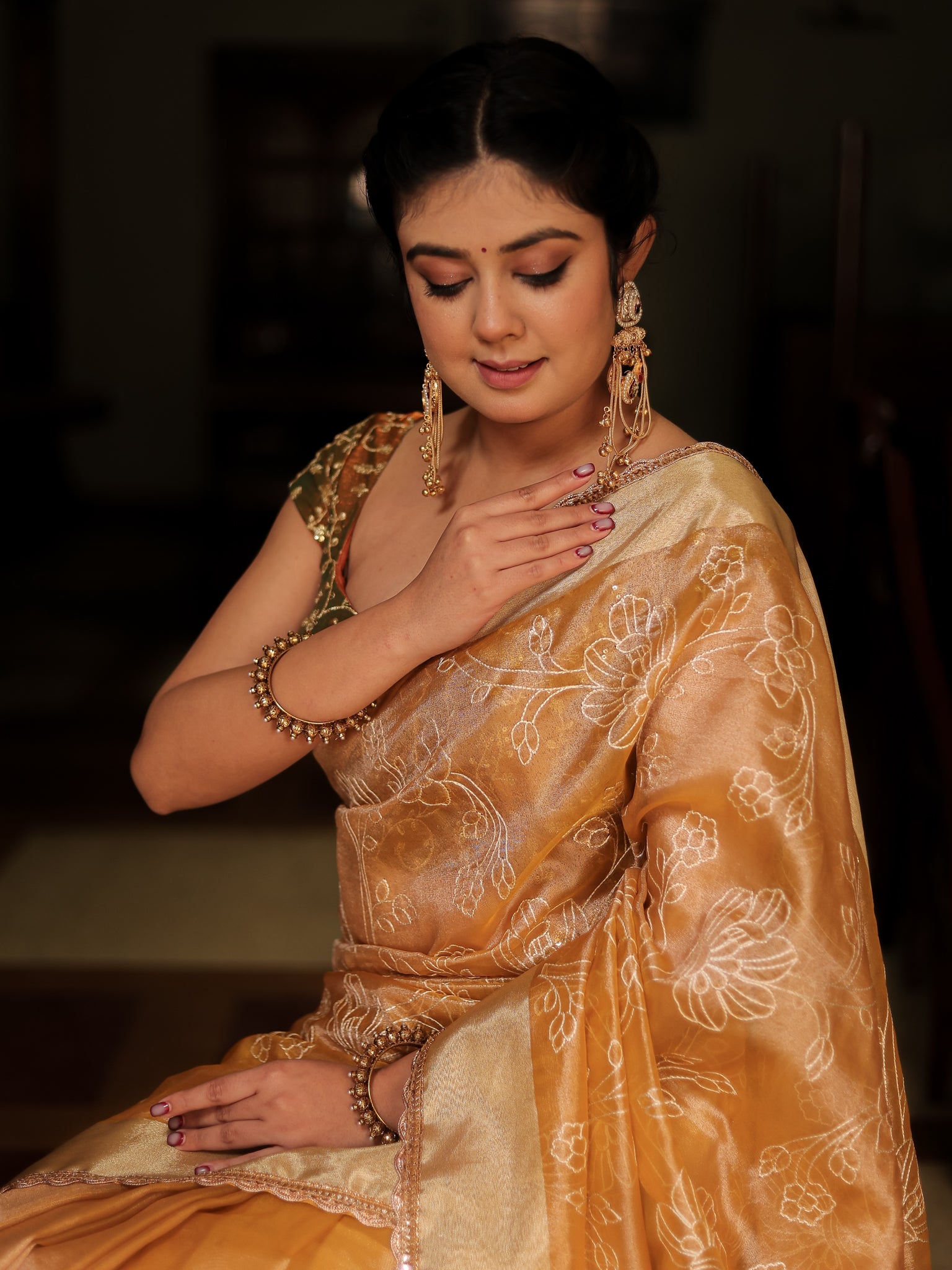 Yellow Embroidered Banarasi Tissue Saree with Weaving & Lace Border