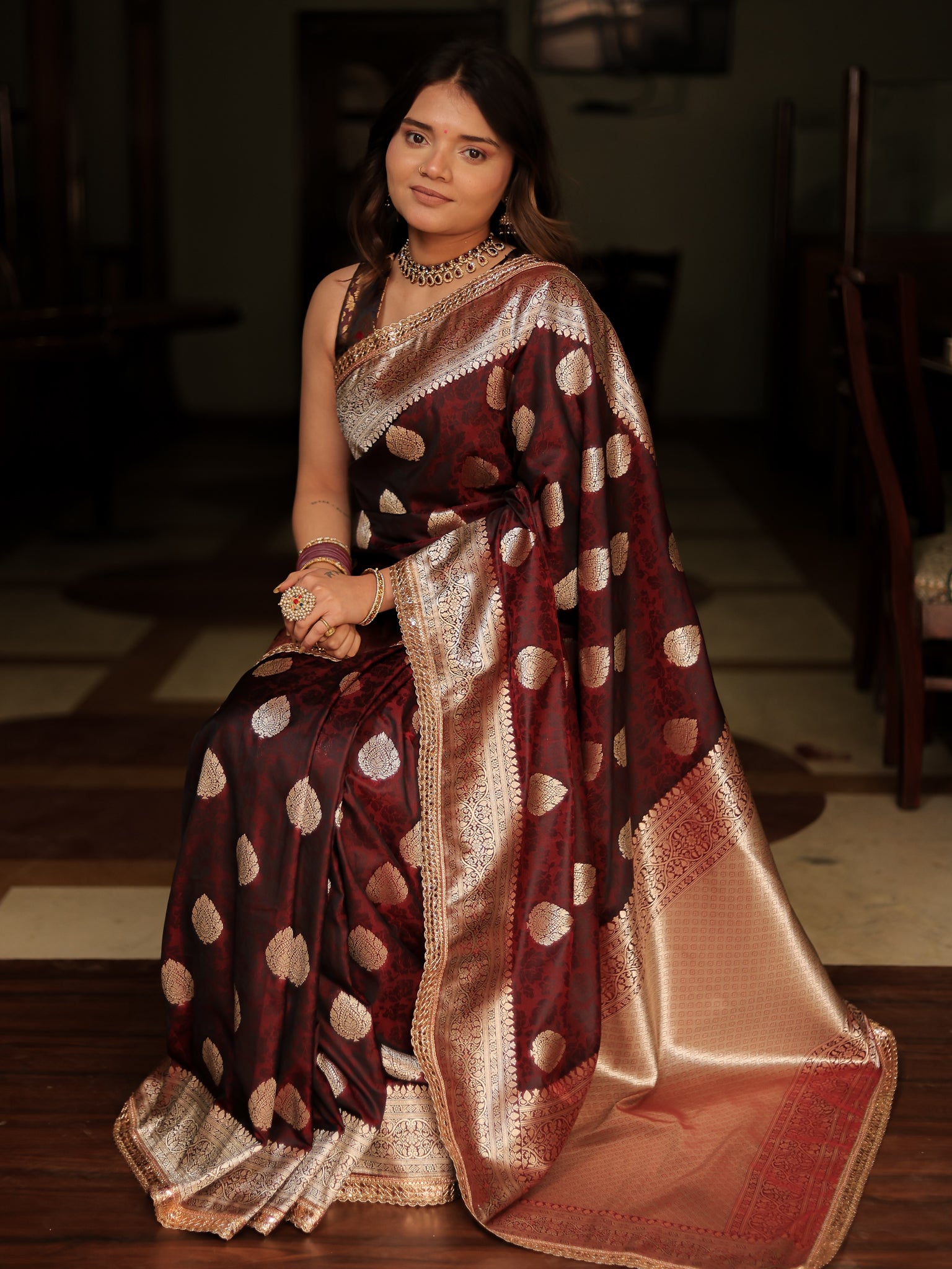 Wine Art Katan Silk Banarasi Saree with Zari Buta & Tanchoi Lace Border