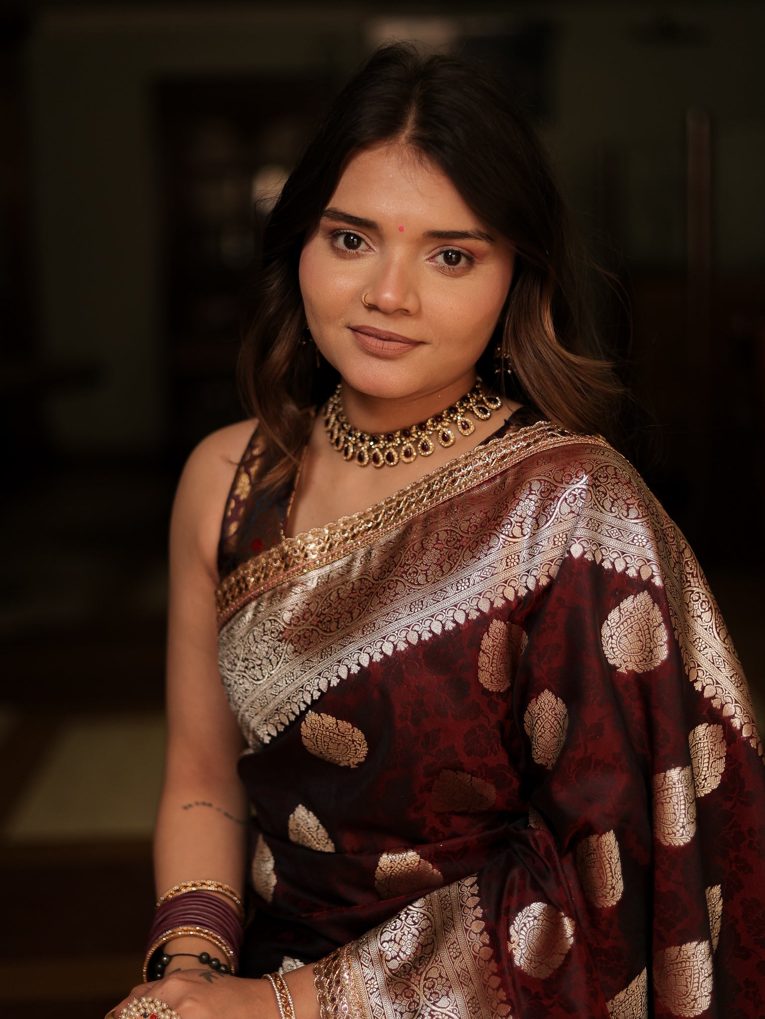 Wine Art Katan Silk Banarasi Saree with Zari Buta & Tanchoi Lace Border